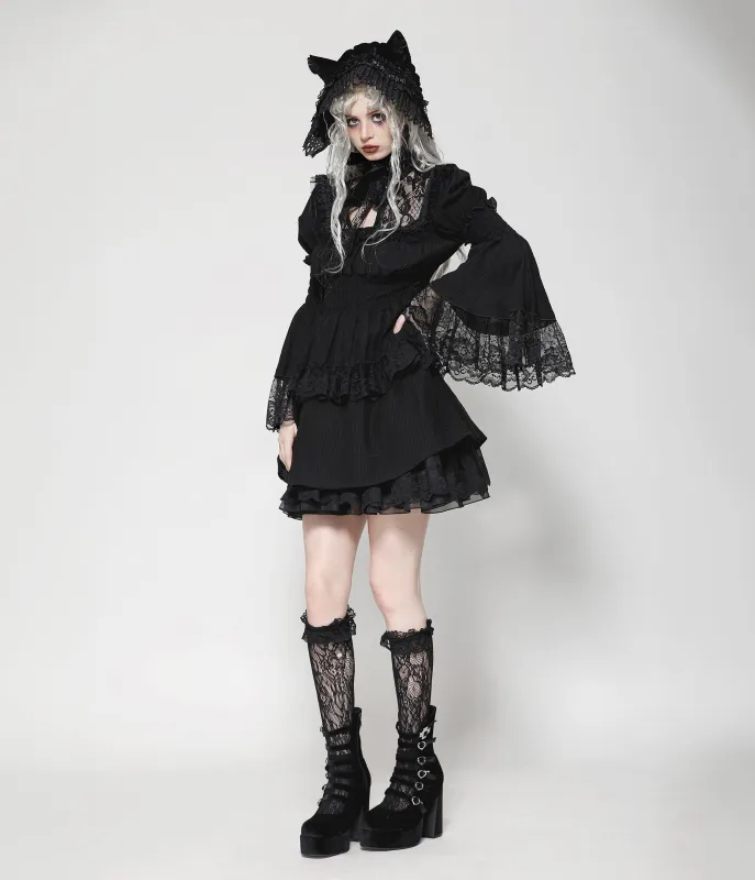 Black Lace Mock Neck Ruffle Bell Sleeve Dress sold by Unique Vintage