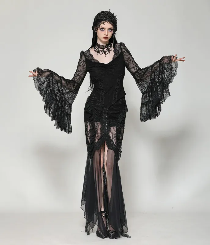 Black Gothic Romance Lace Bell Sleeve Top sold by Unique Vintage