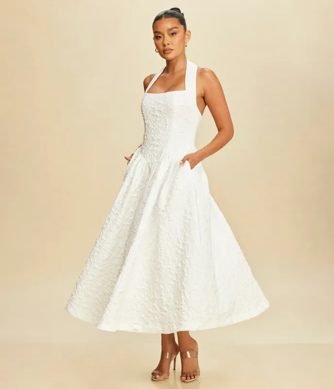 White Puff Jacquard Midi Dress sold by Unique Vintage