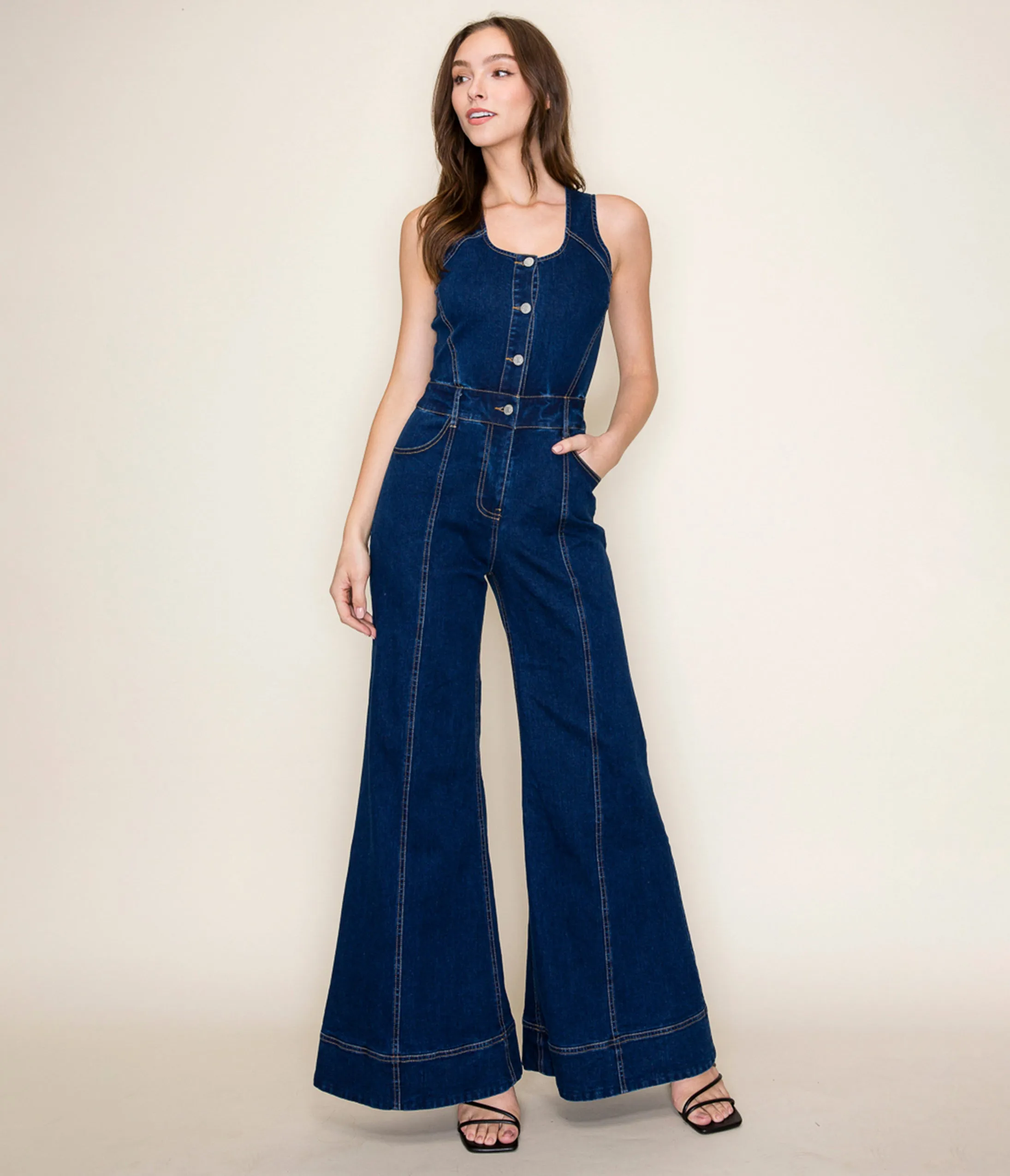 Dark Denim Wide Leg Jumpsuit sold by Unique Vintage