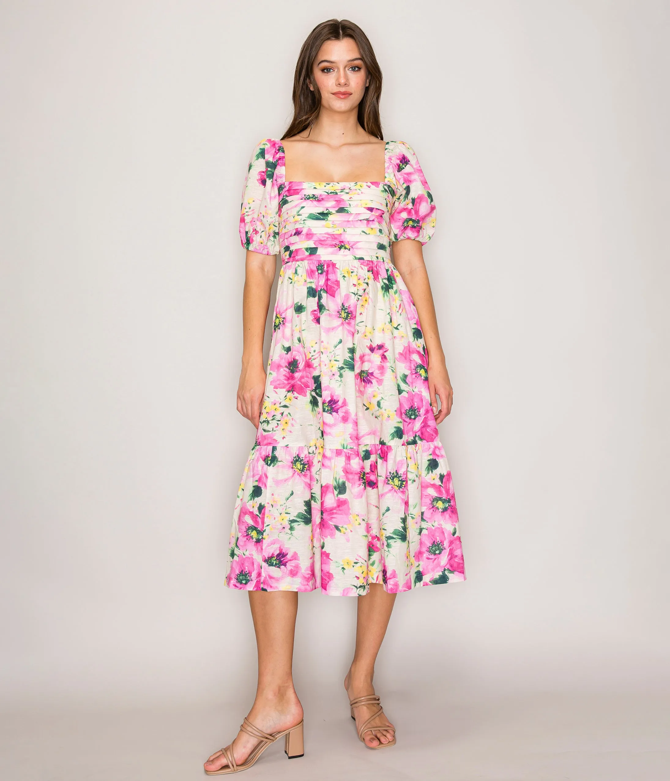 Fuchsia Floral Puff Sleeve Midi Dress sold by Unique Vintage product image thumbnail 3