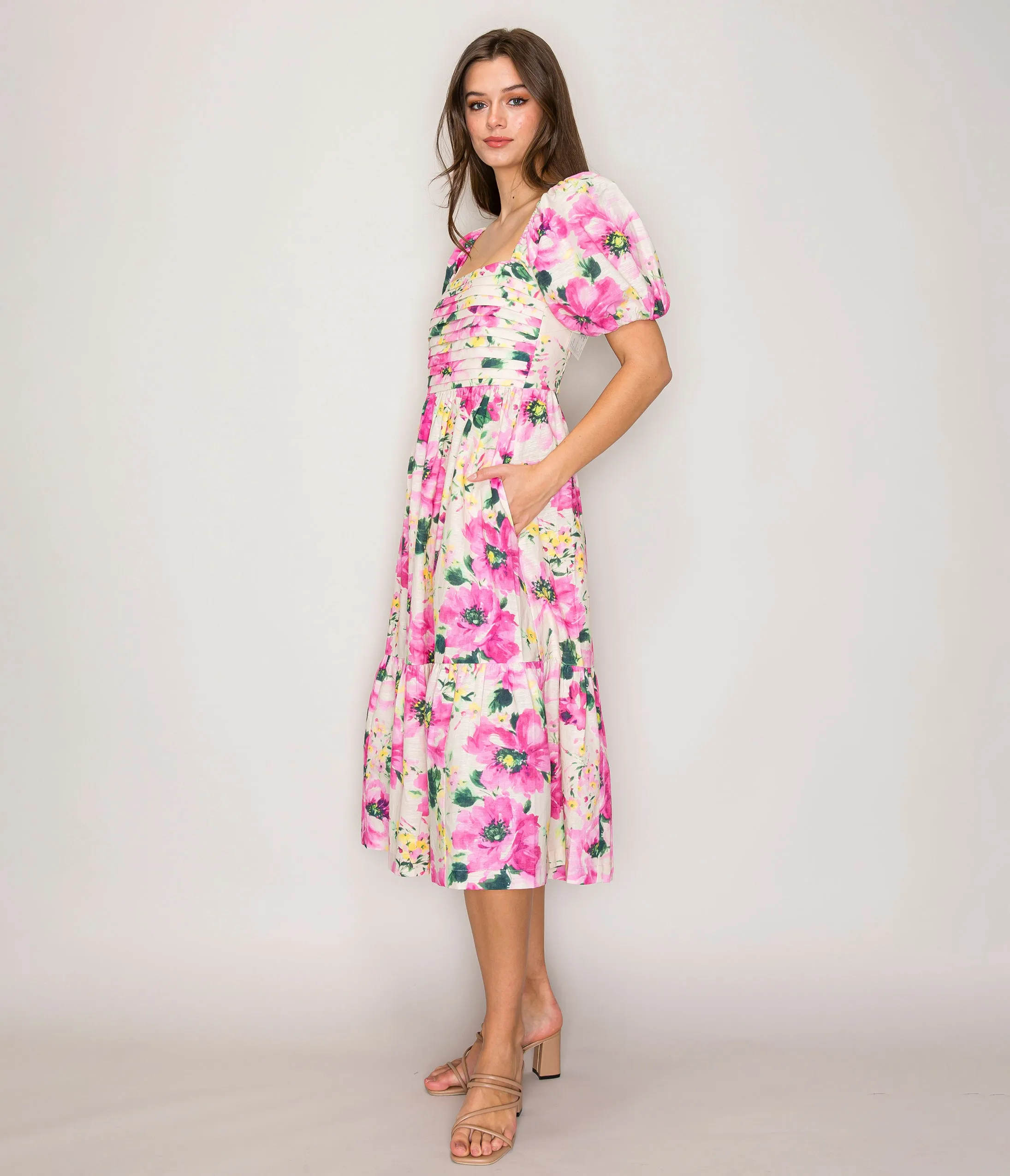 Fuchsia Floral Puff Sleeve Midi Dress sold by Unique Vintage product image thumbnail 4