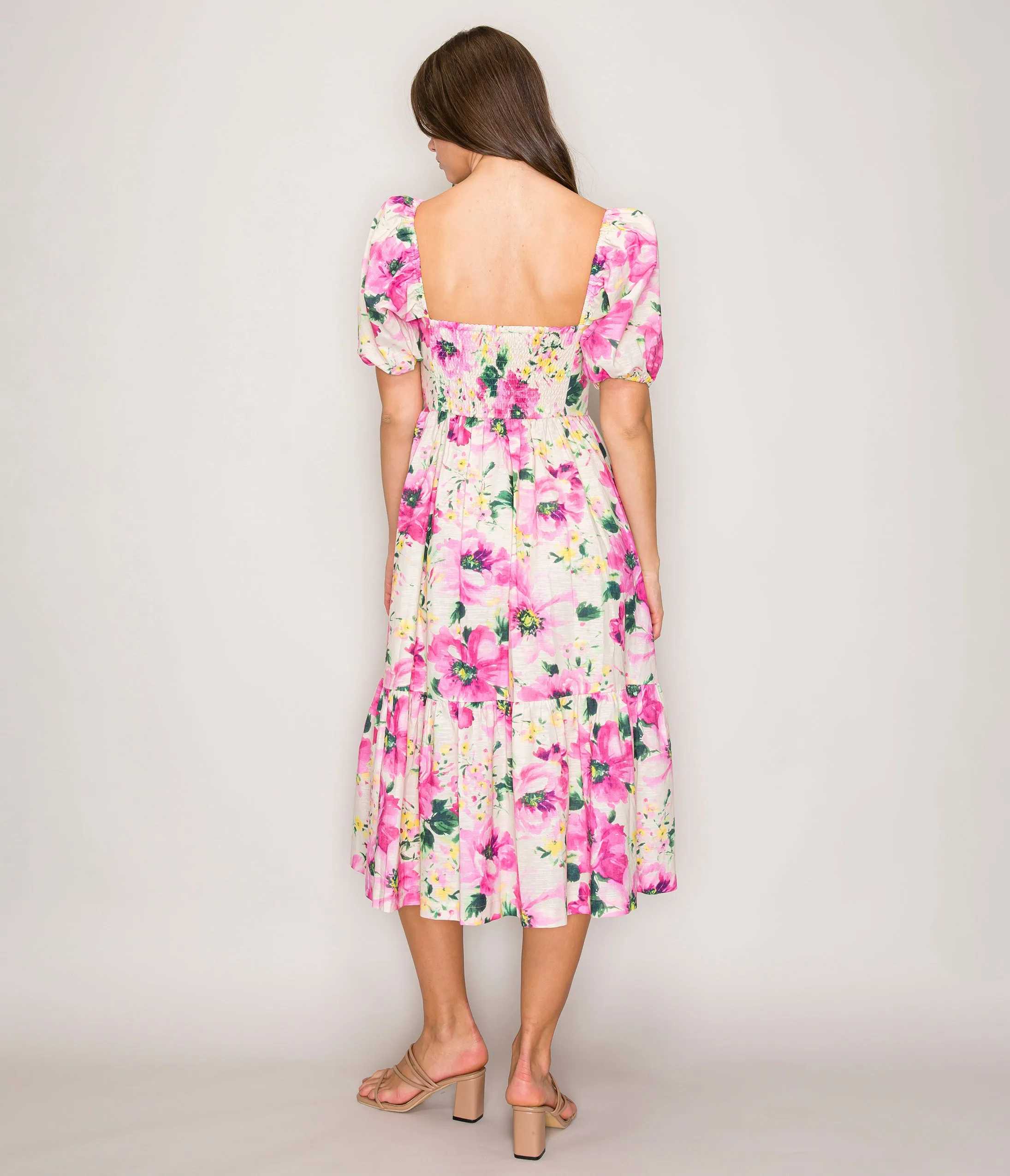 Fuchsia Floral Puff Sleeve Midi Dress sold by Unique Vintage product image thumbnail 2