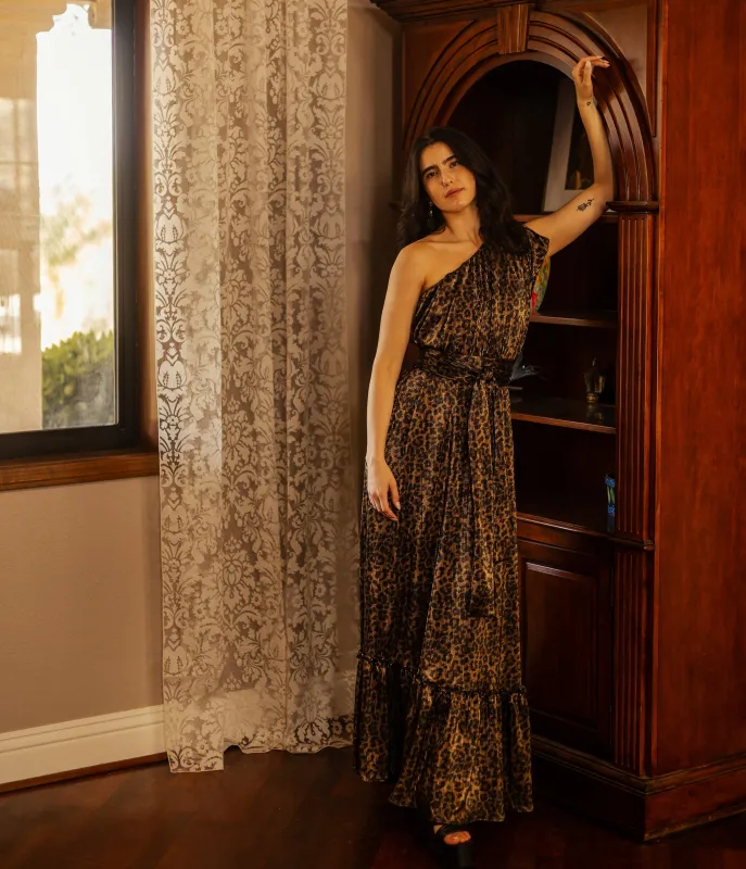 Jennafer Grace Panther Slink One Shoulder Maxi Dress made by Unique Vintage