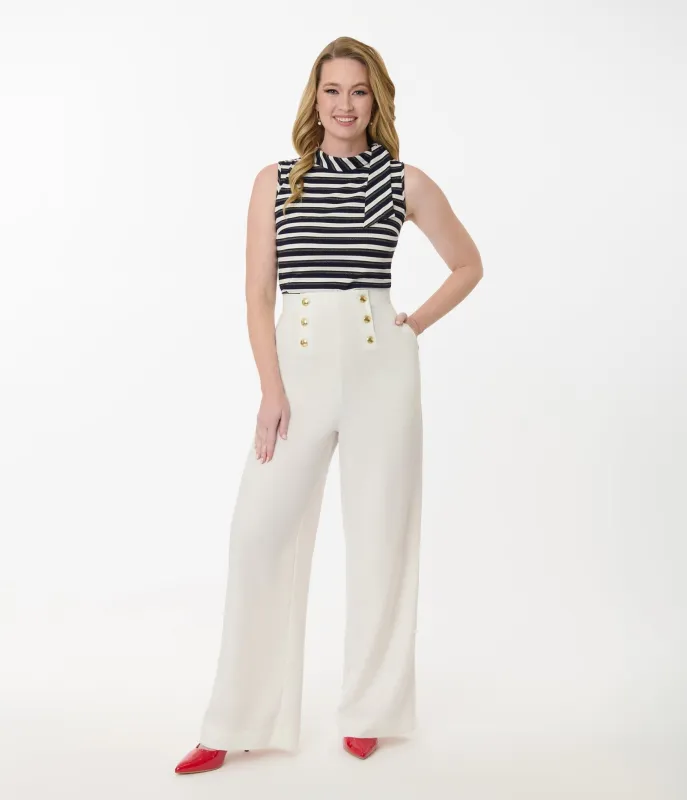 Smak Parlour White & Gold Button Wide Leg Sailor Pants sold by Unique Vintage
