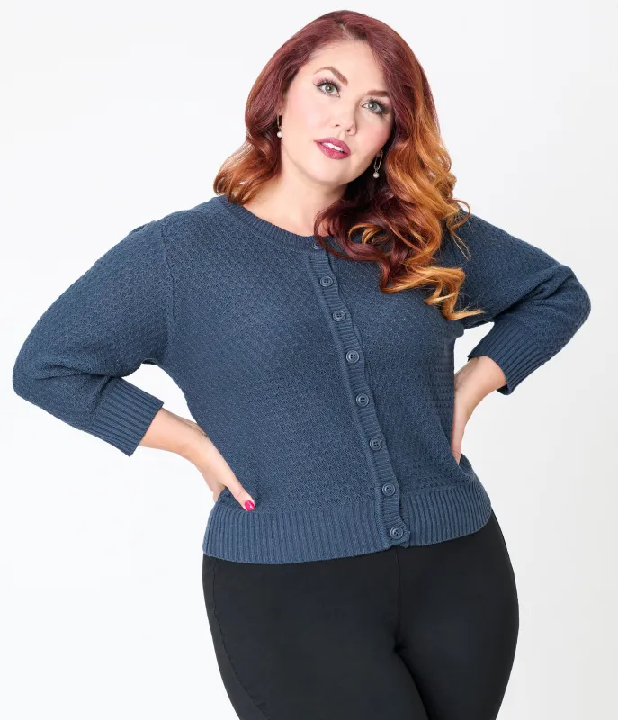 Plus Size Retro Style Navy Crochet Cardigan sold by Unique Vintage