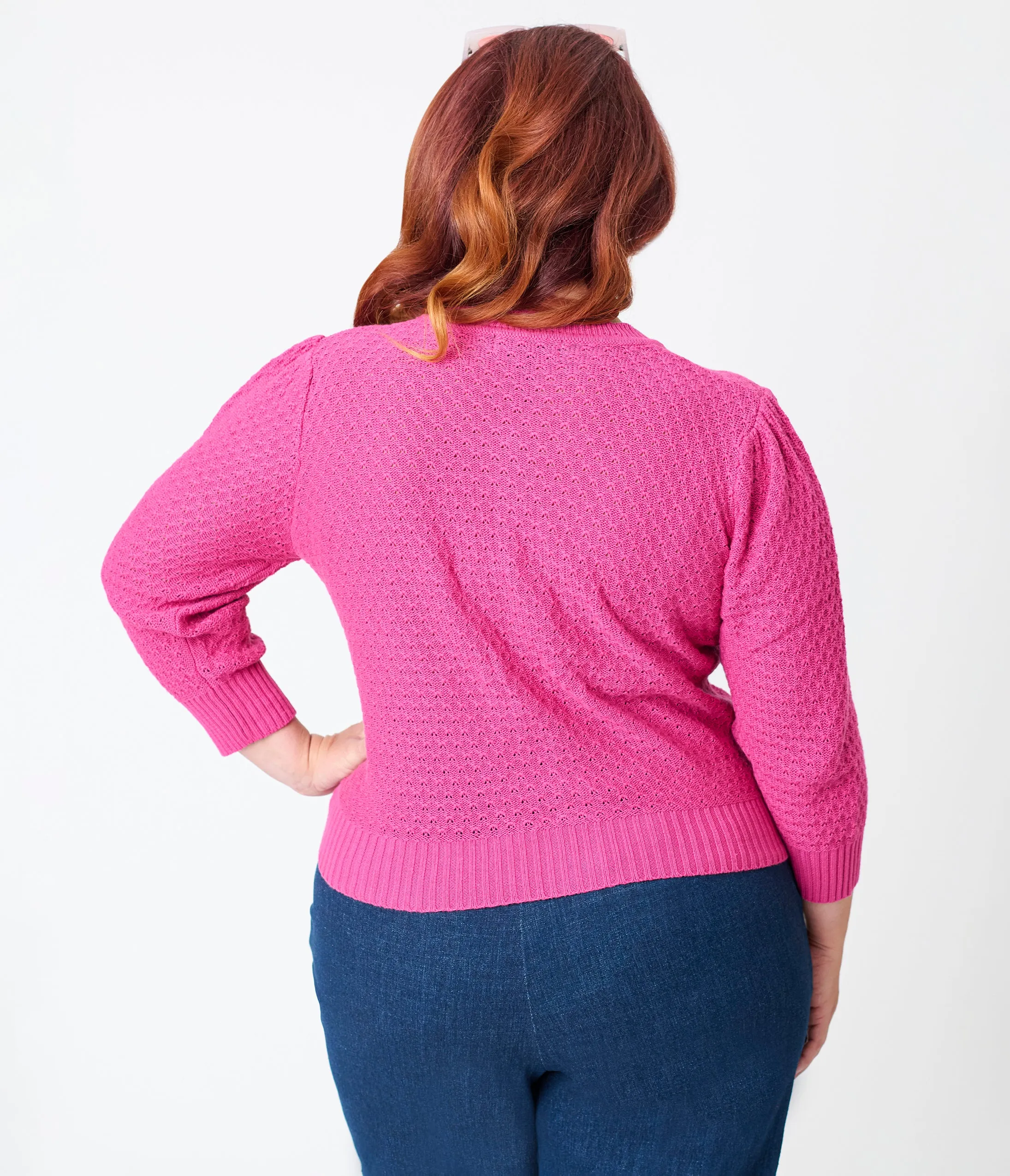 Plus Size Retro Style Magenta Crochet Cardigan sold by Unique Vintage product image thumbnail 2
