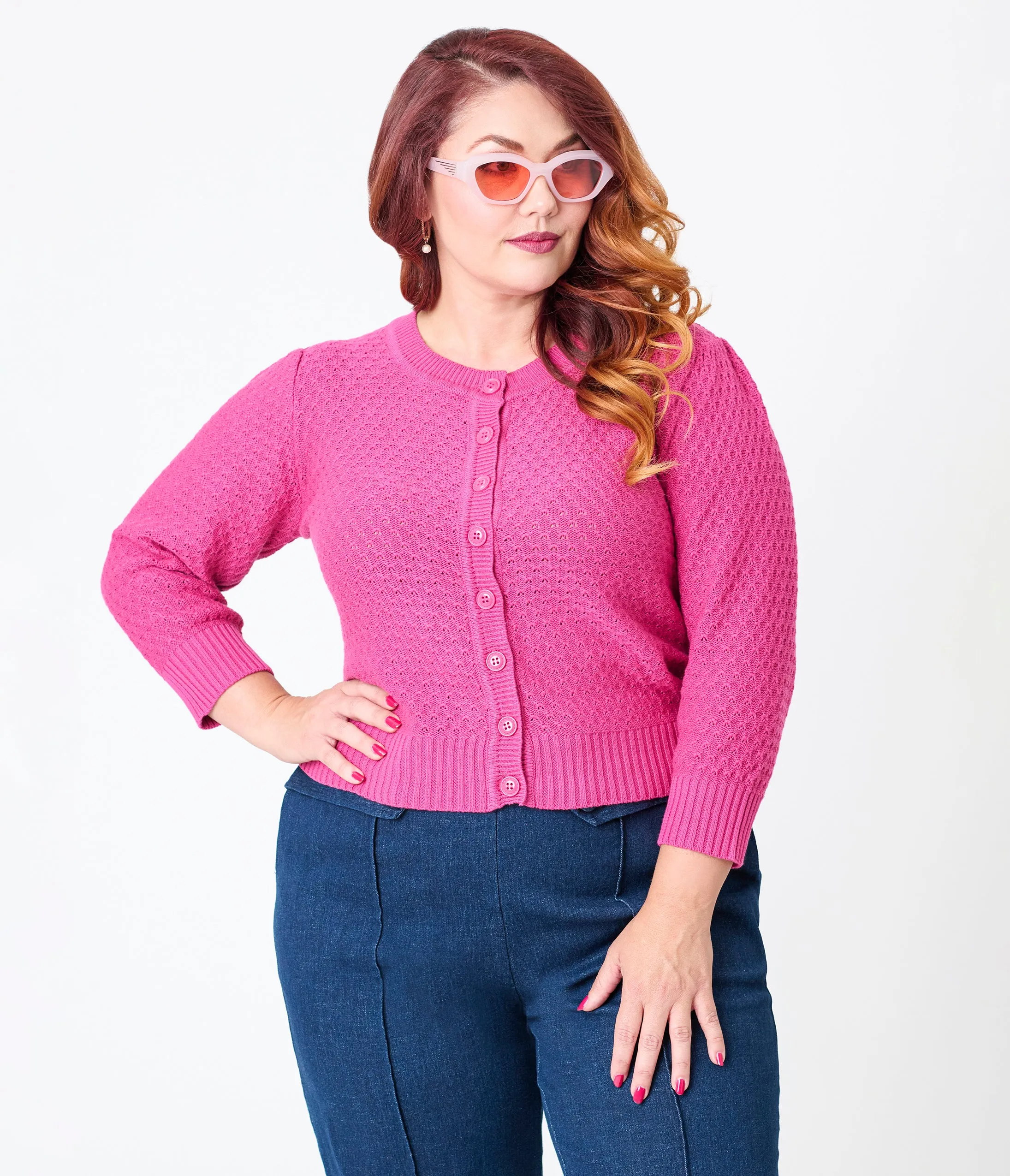 Plus Size Retro Style Magenta Crochet Cardigan sold by Unique Vintage product image thumbnail 3