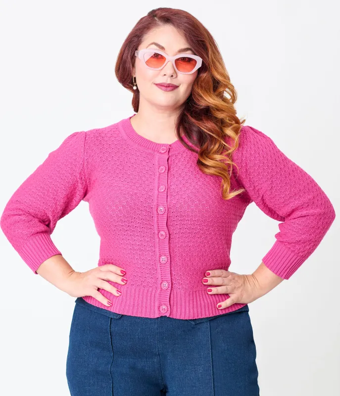 Plus Size Retro Style Magenta Crochet Cardigan sold by Unique Vintage