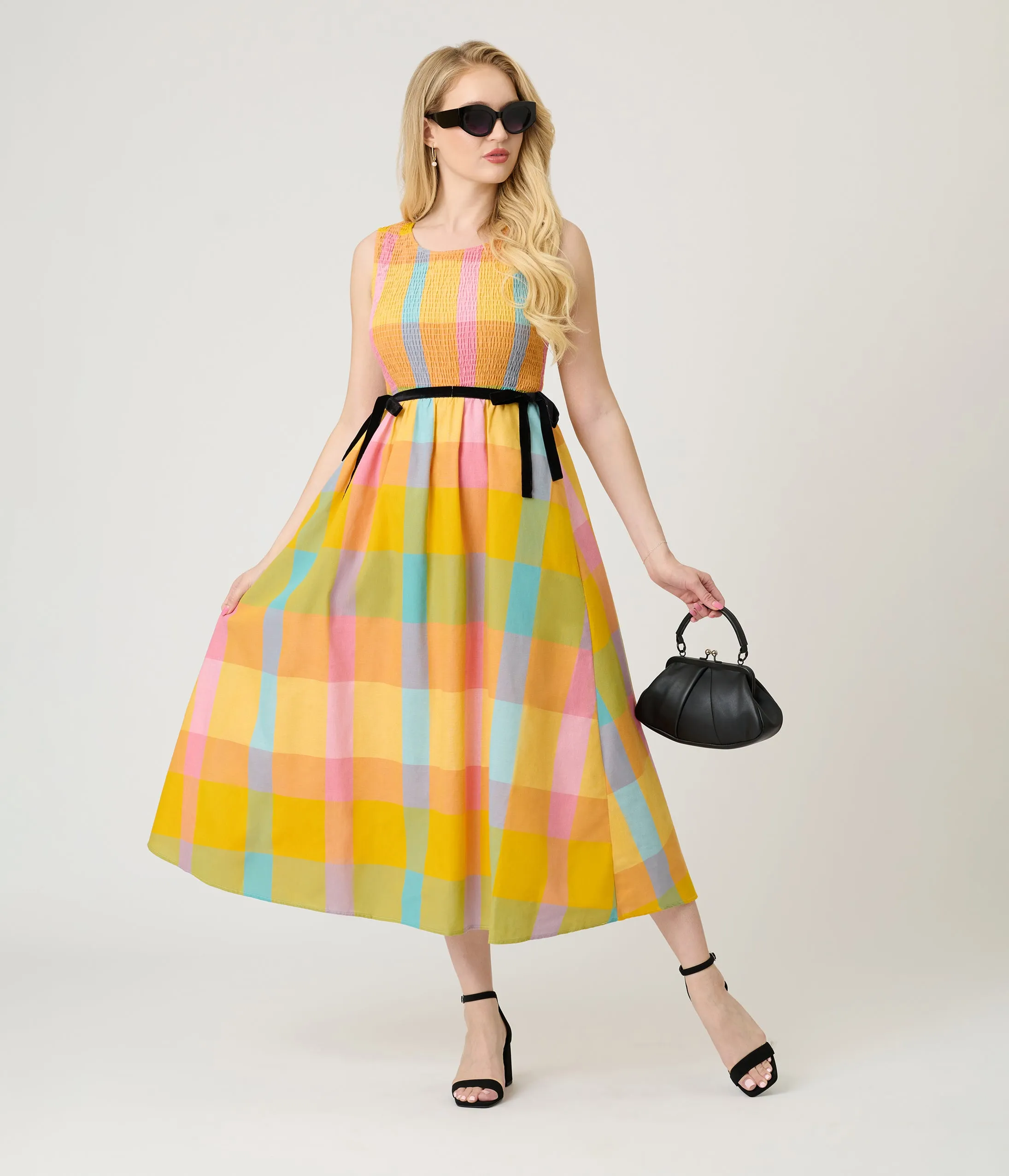 Multicolor Checkered Smocked Midi Dress sold by Unique Vintage product image thumbnail 3