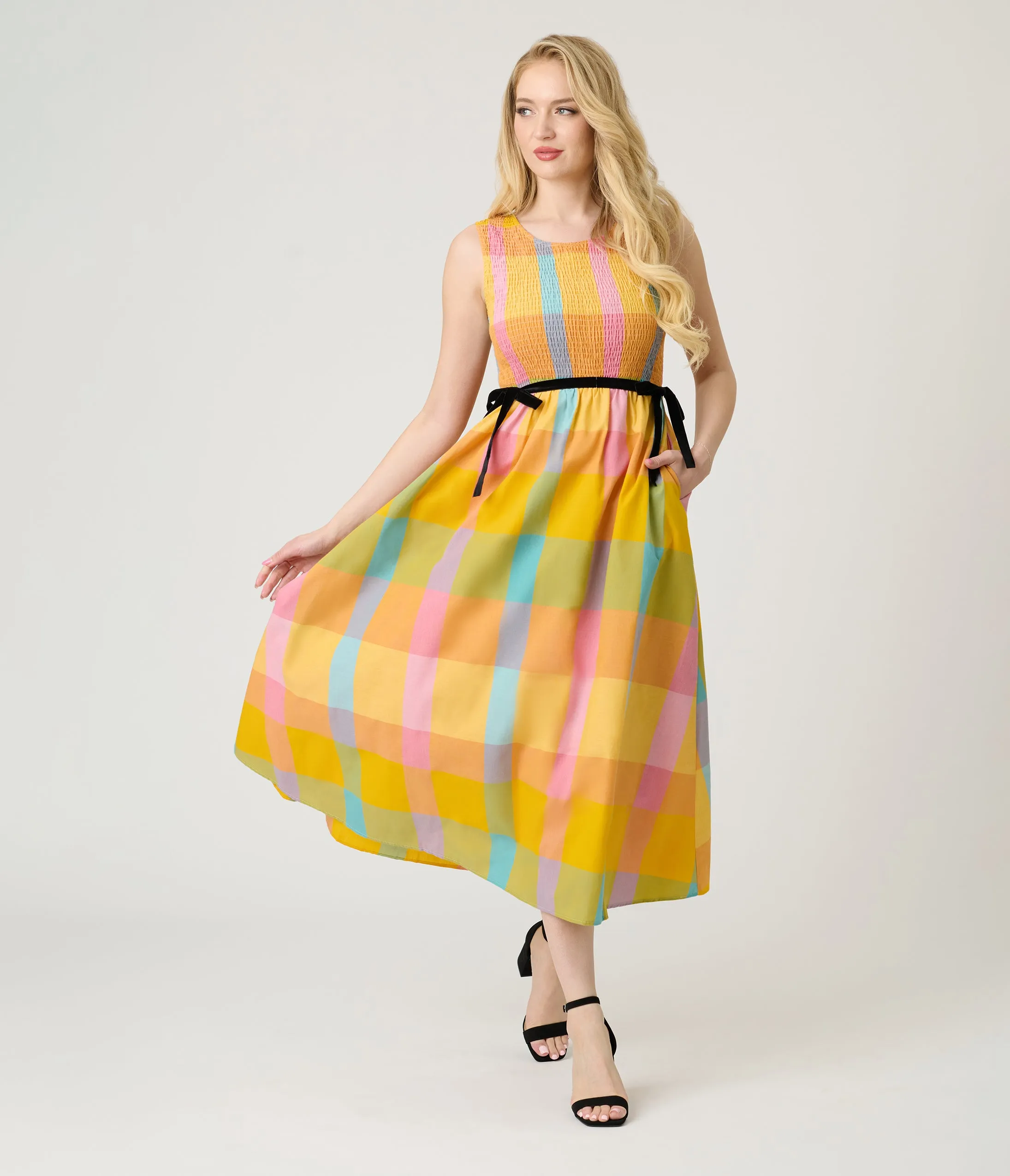 Multicolor Checkered Smocked Midi Dress sold by Unique Vintage