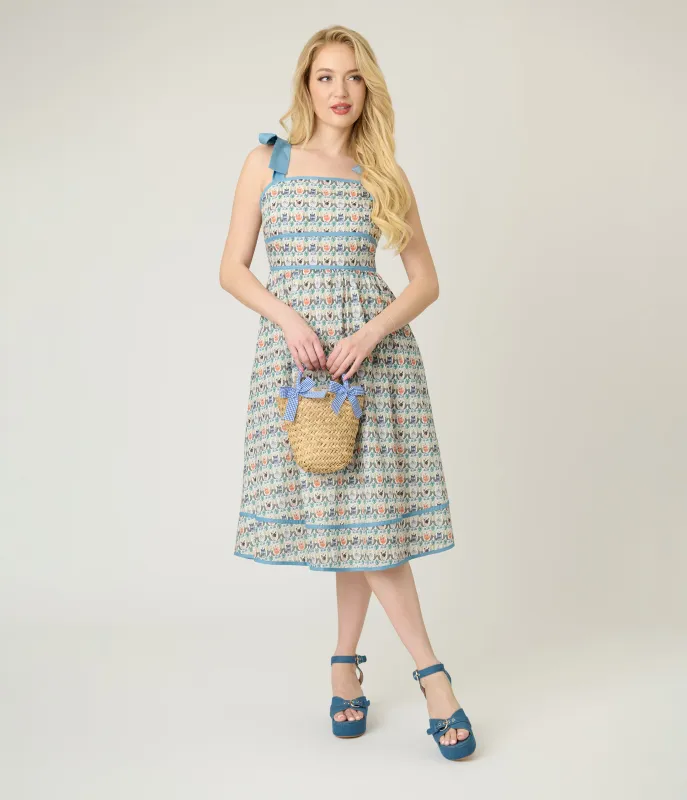 Blue Cat Face Print Smocked Midi Dress sold by Unique Vintage