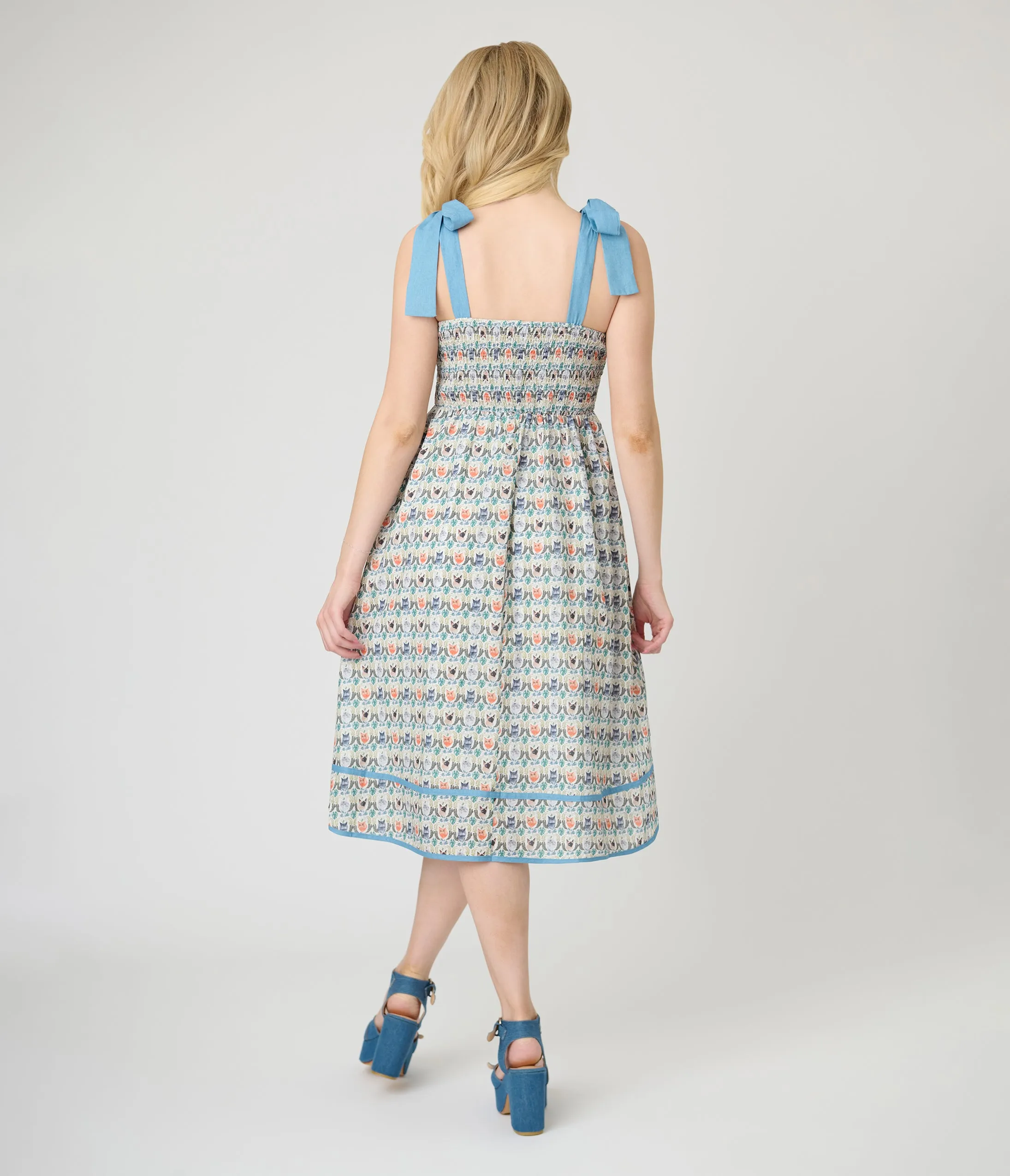 Blue Cat Face Print Smocked Midi Dress sold by Unique Vintage product image thumbnail 2