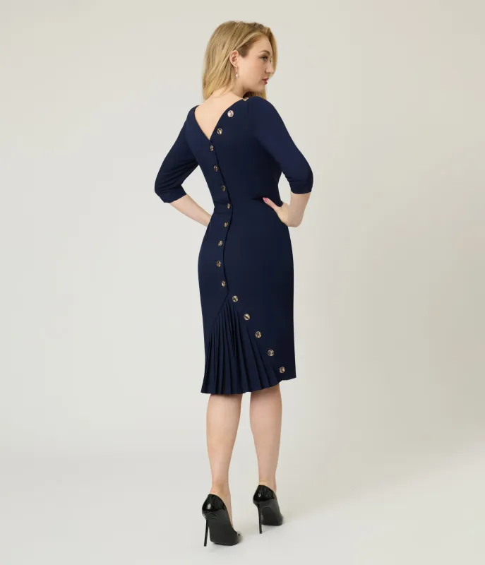 Heart My Closet Navy Pleated Back Deborah Pencil Dress sold by Unique Vintage