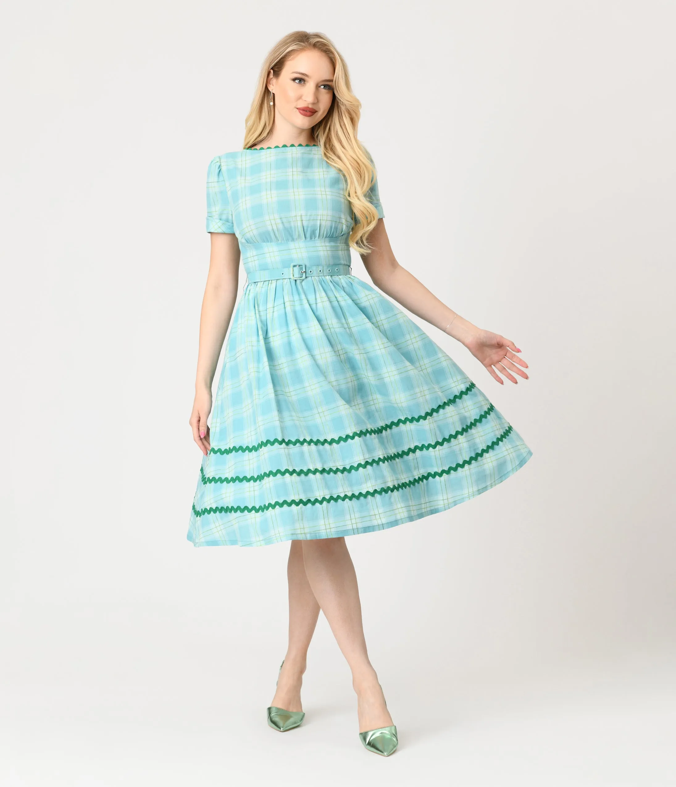 Unique Vintage Teal Plaid & Green Cotton Swing Dress sold by Unique Vintage product image thumbnail 3