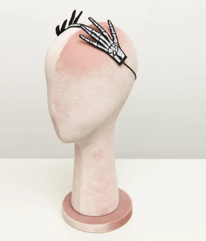White & Black Embroidered Skeleton Hand Headband sold by Unique Vintage