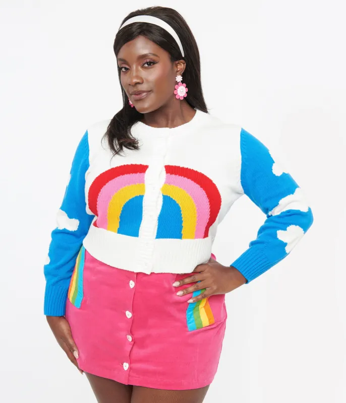 Smak Parlour Plus Size 1960s Blue & Rainbow Clouds Cardigan sold by Unique Vintage