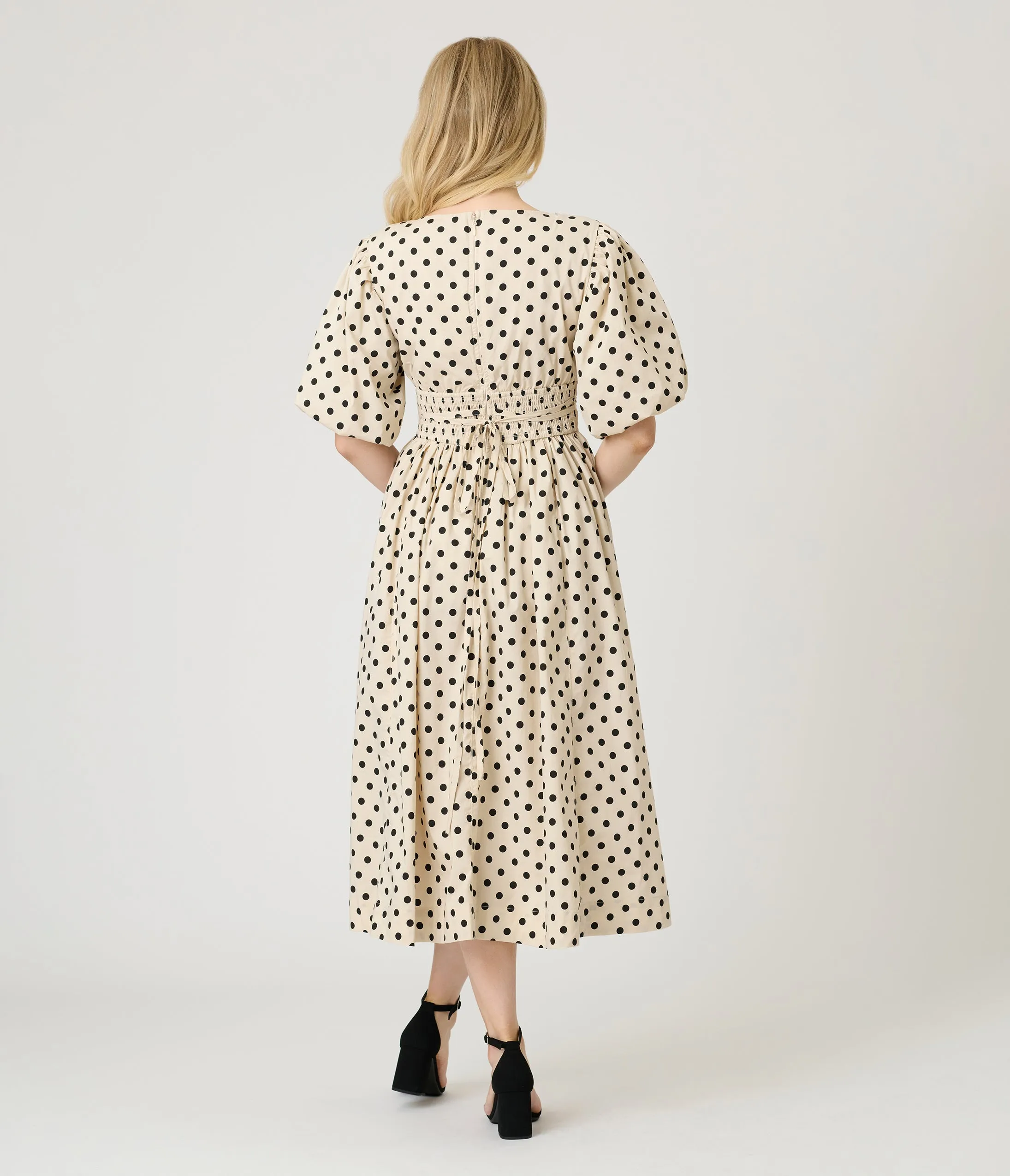 Ivory & Black Polka Dot Tie Waist Midi Dress sold by Unique Vintage product image thumbnail 2