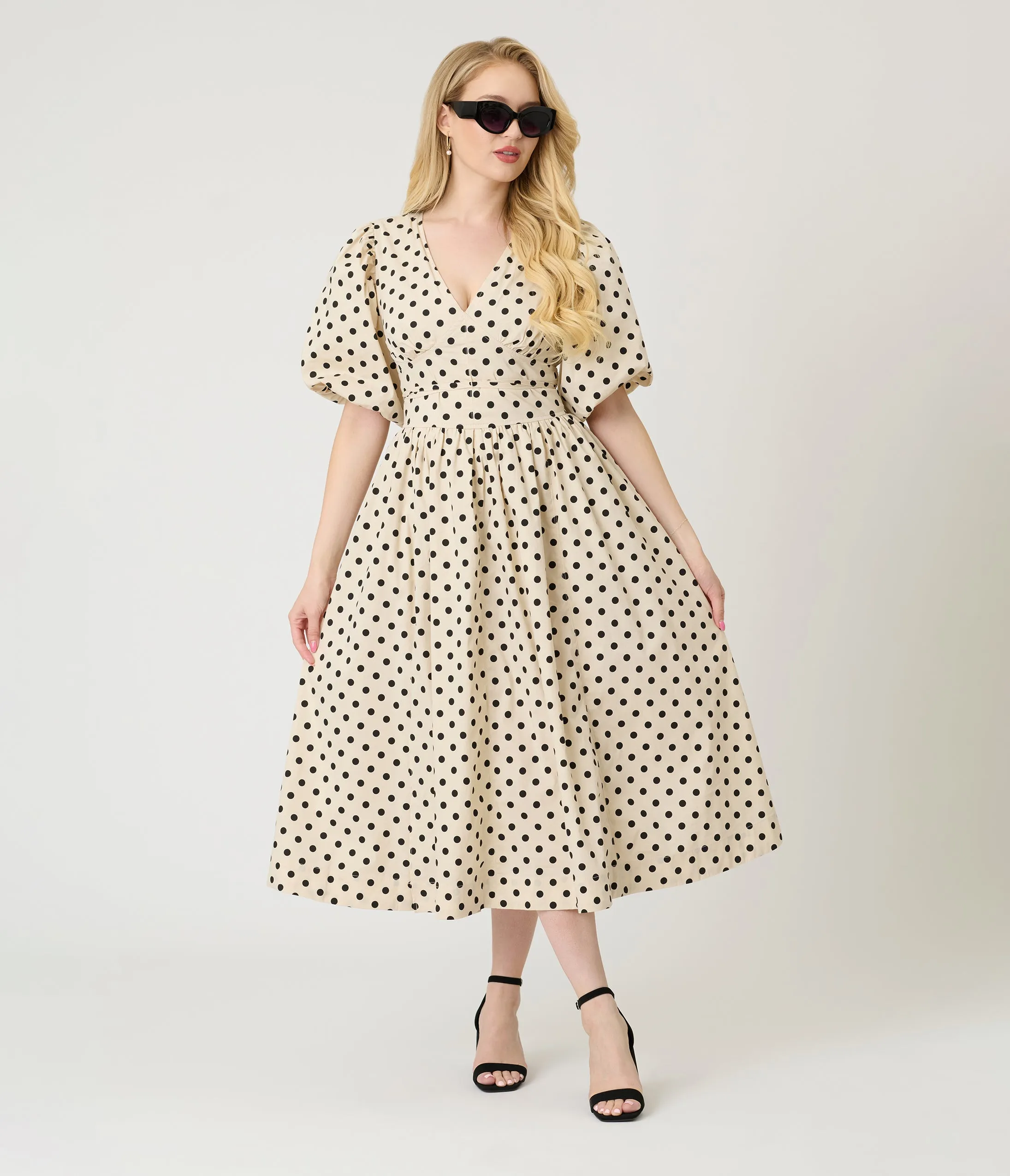 Ivory & Black Polka Dot Tie Waist Midi Dress sold by Unique Vintage product image thumbnail 3