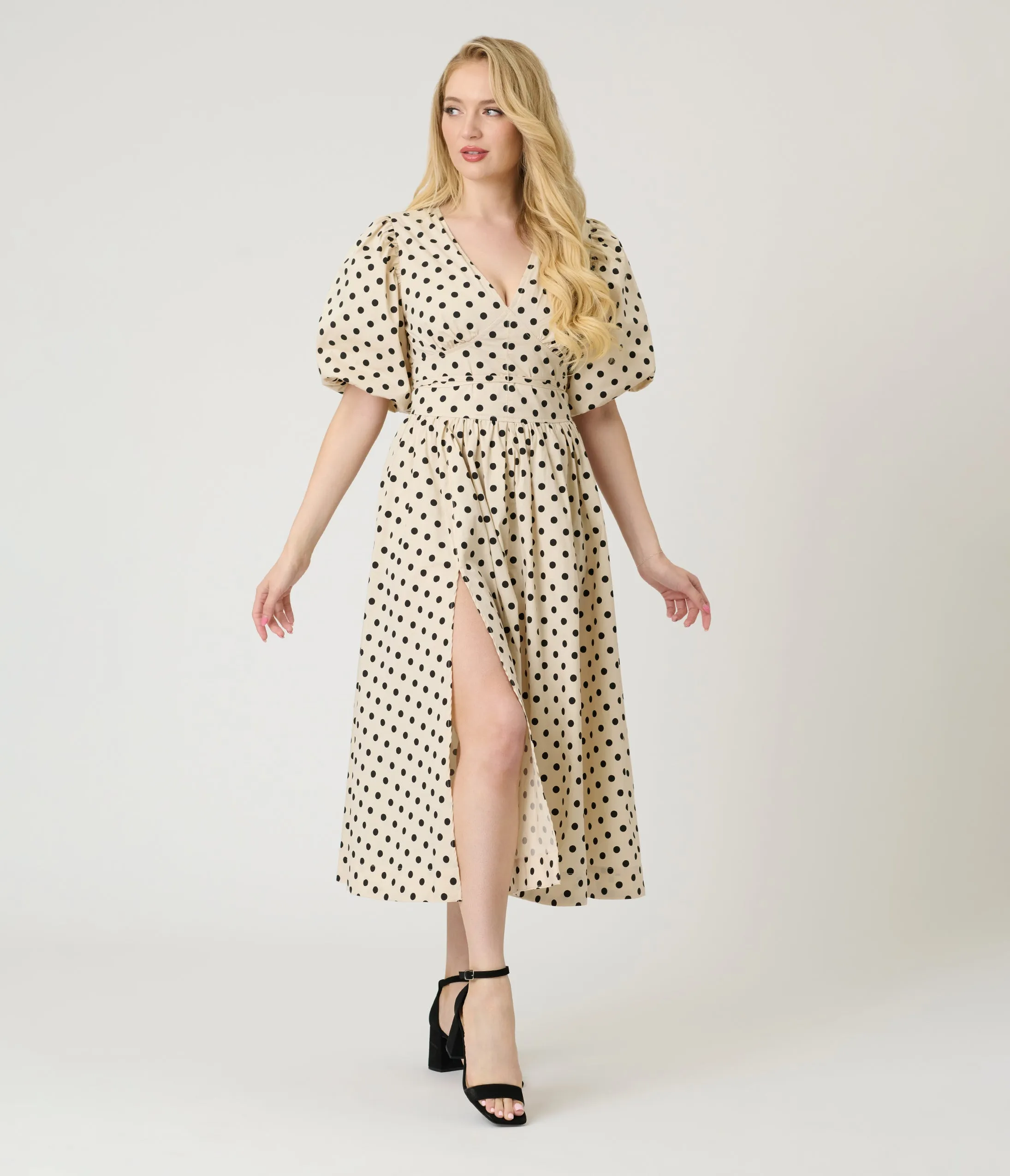 Ivory & Black Polka Dot Tie Waist Midi Dress sold by Unique Vintage product image thumbnail 4