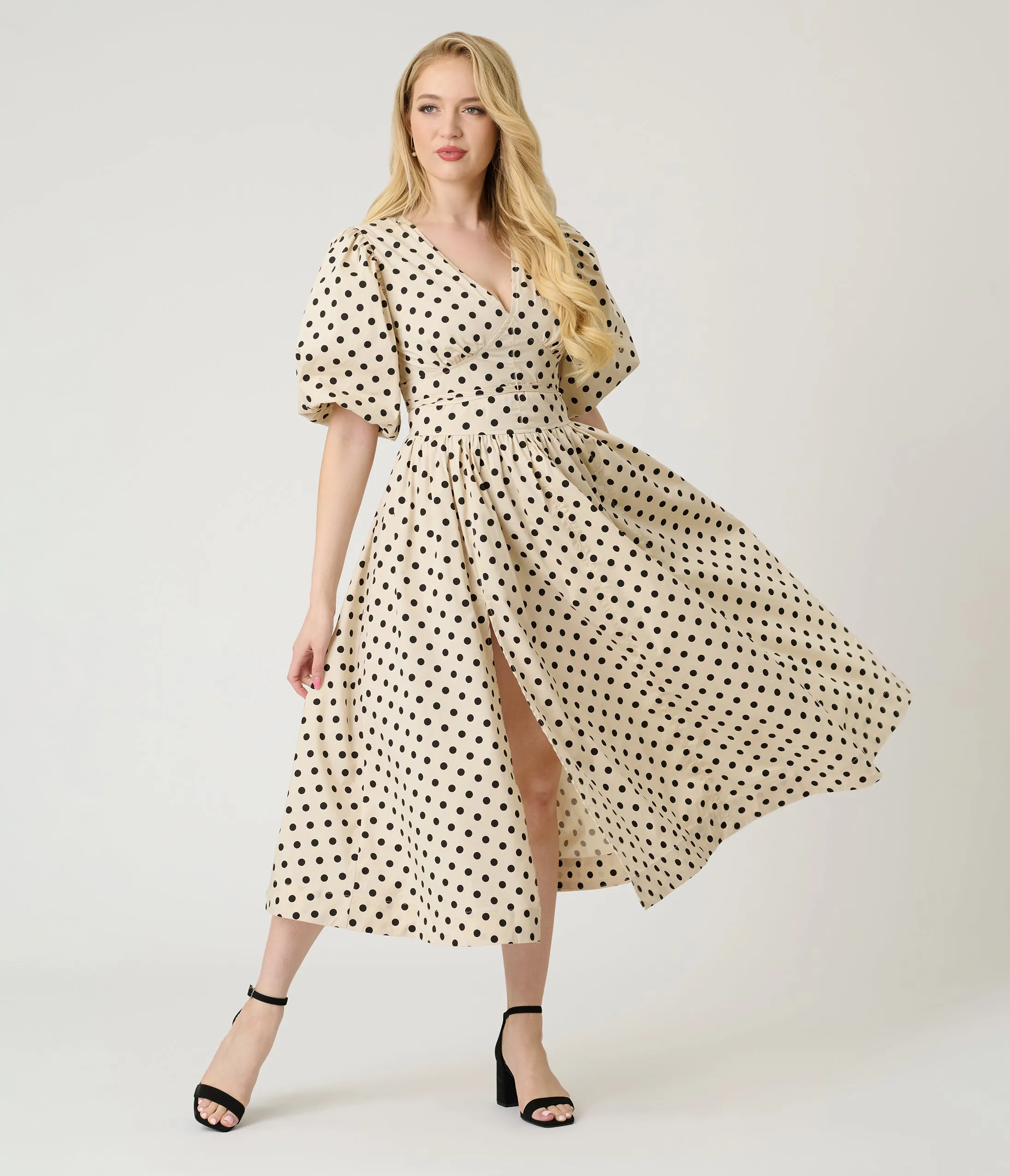 Ivory & Black Polka Dot Tie Waist Midi Dress sold by Unique Vintage