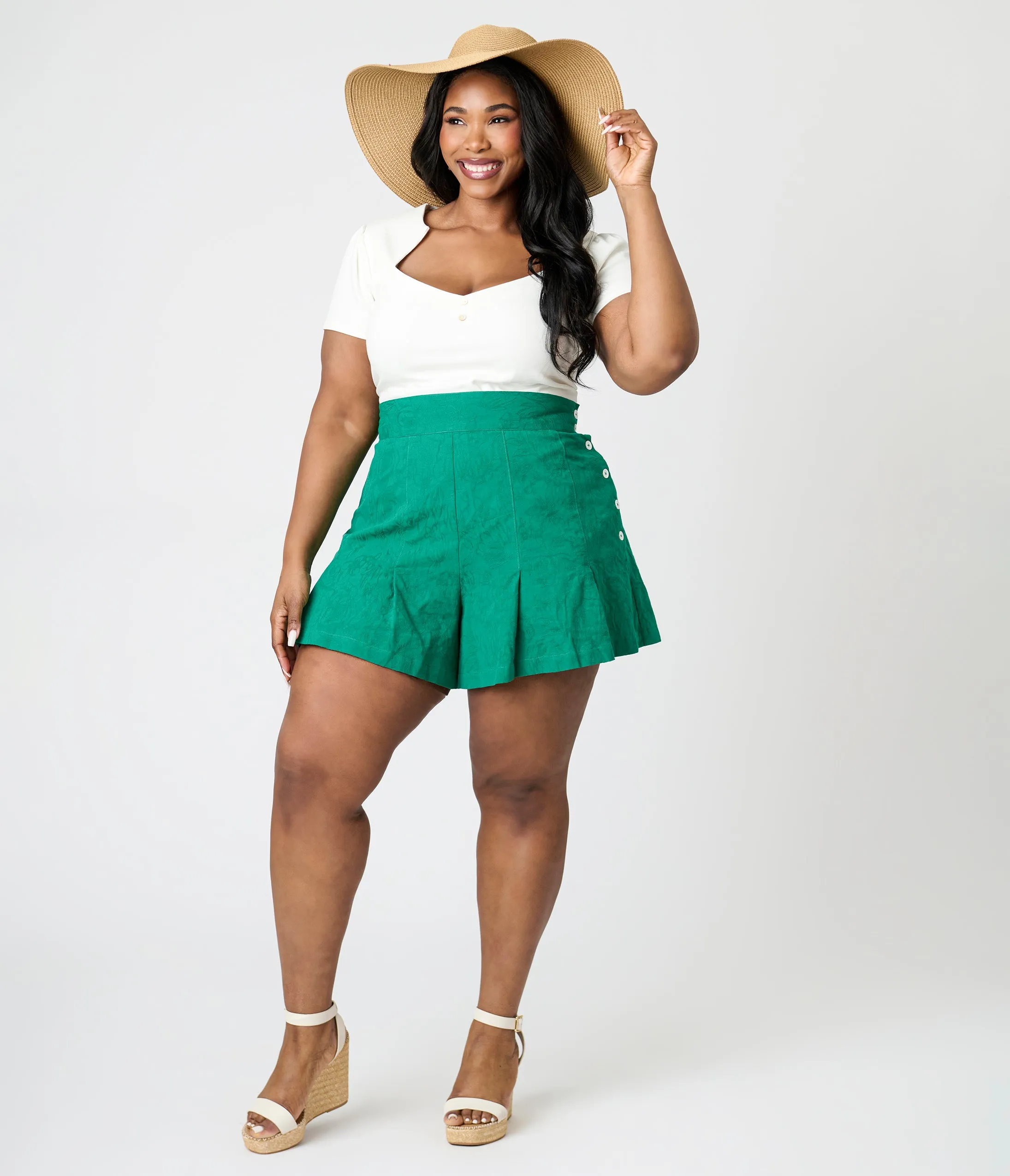 Unique Vintage Plus Size Green Floral Joyce Shorts sold by Unique Vintage