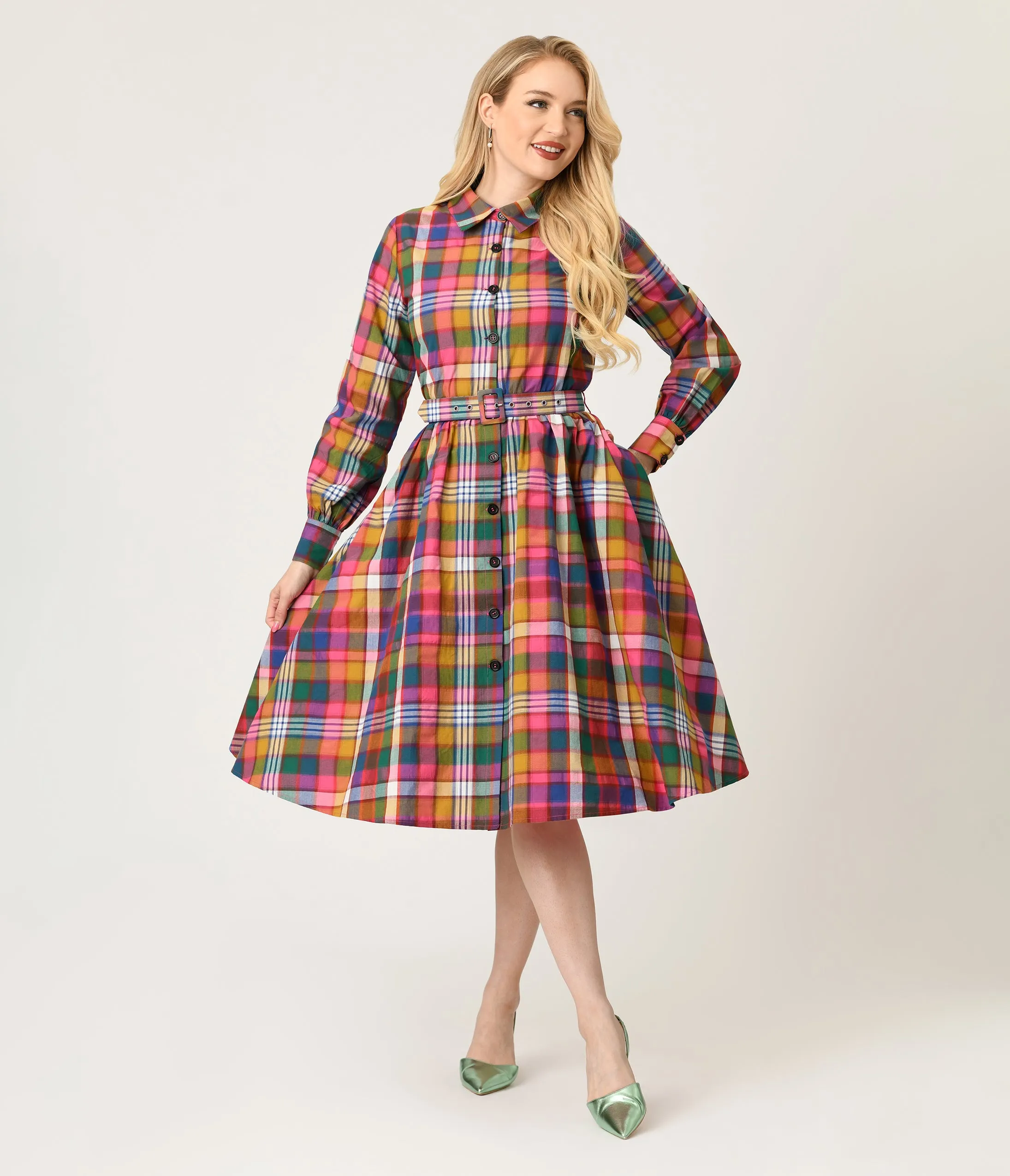 Unique Vintage Rainbow Madras Plaid Belted Cotton Shirt Dress sold by Unique Vintage product image thumbnail 4