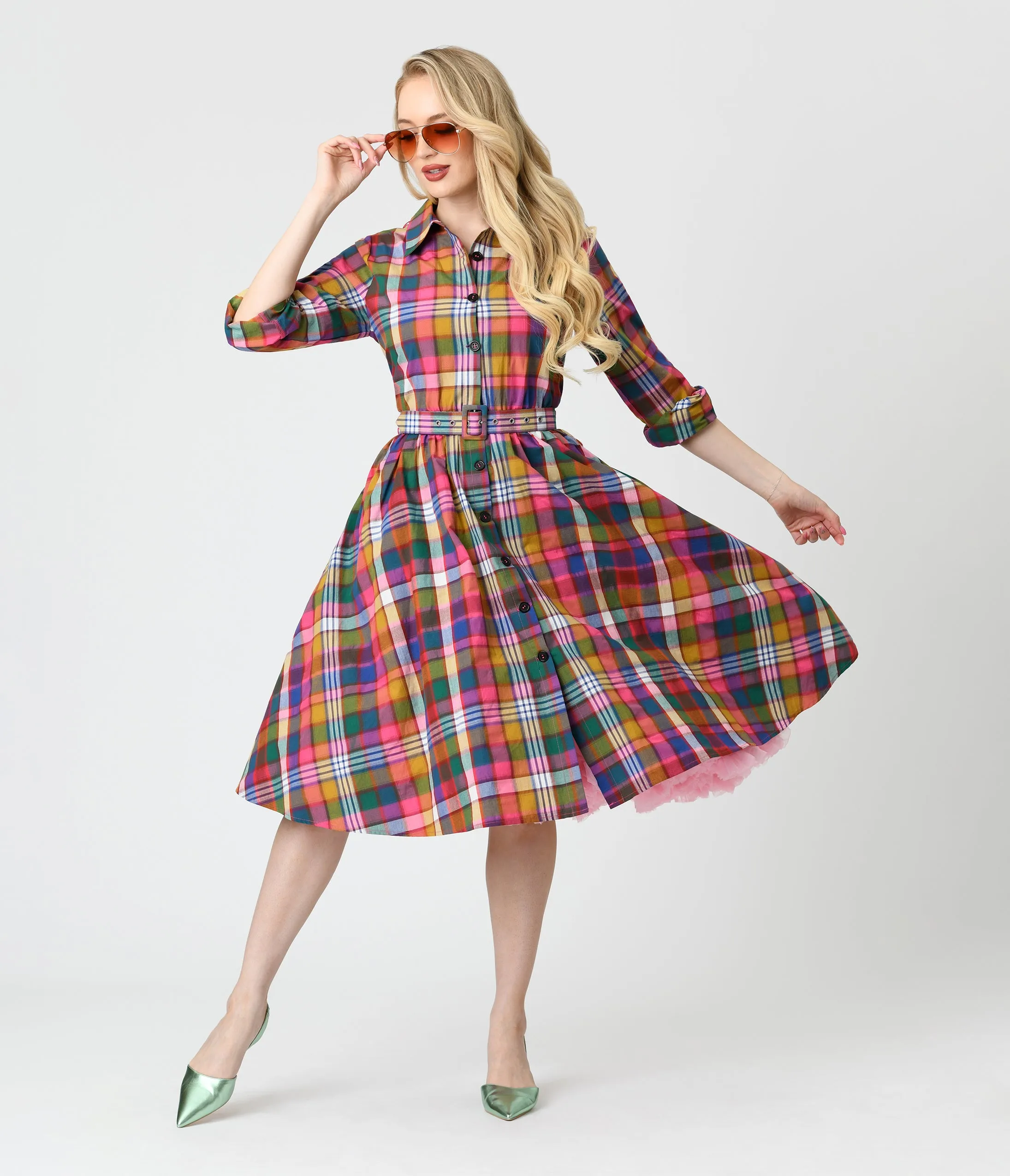 Unique Vintage Rainbow Madras Plaid Belted Cotton Shirt Dress sold by Unique Vintage