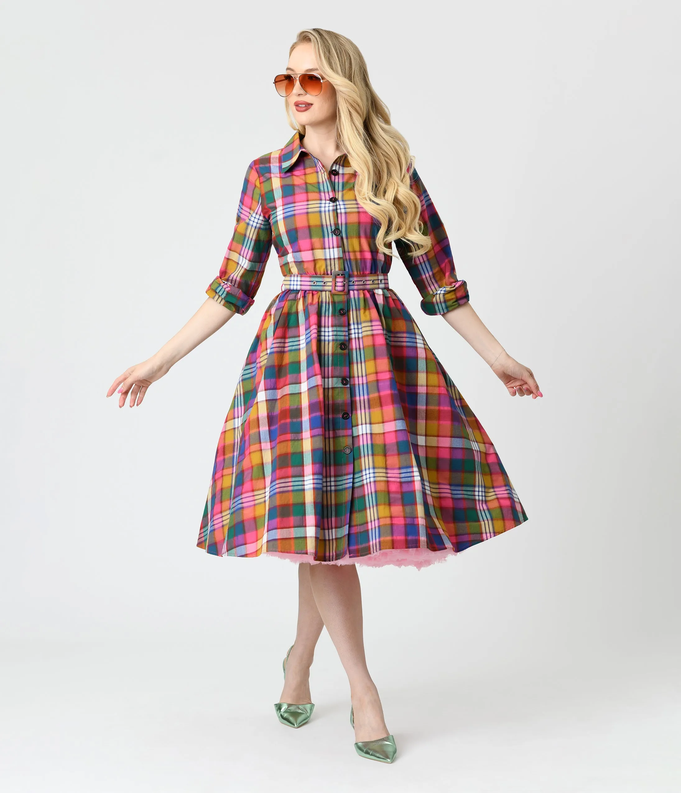 Unique Vintage Rainbow Madras Plaid Belted Cotton Shirt Dress sold by Unique Vintage product image thumbnail 3