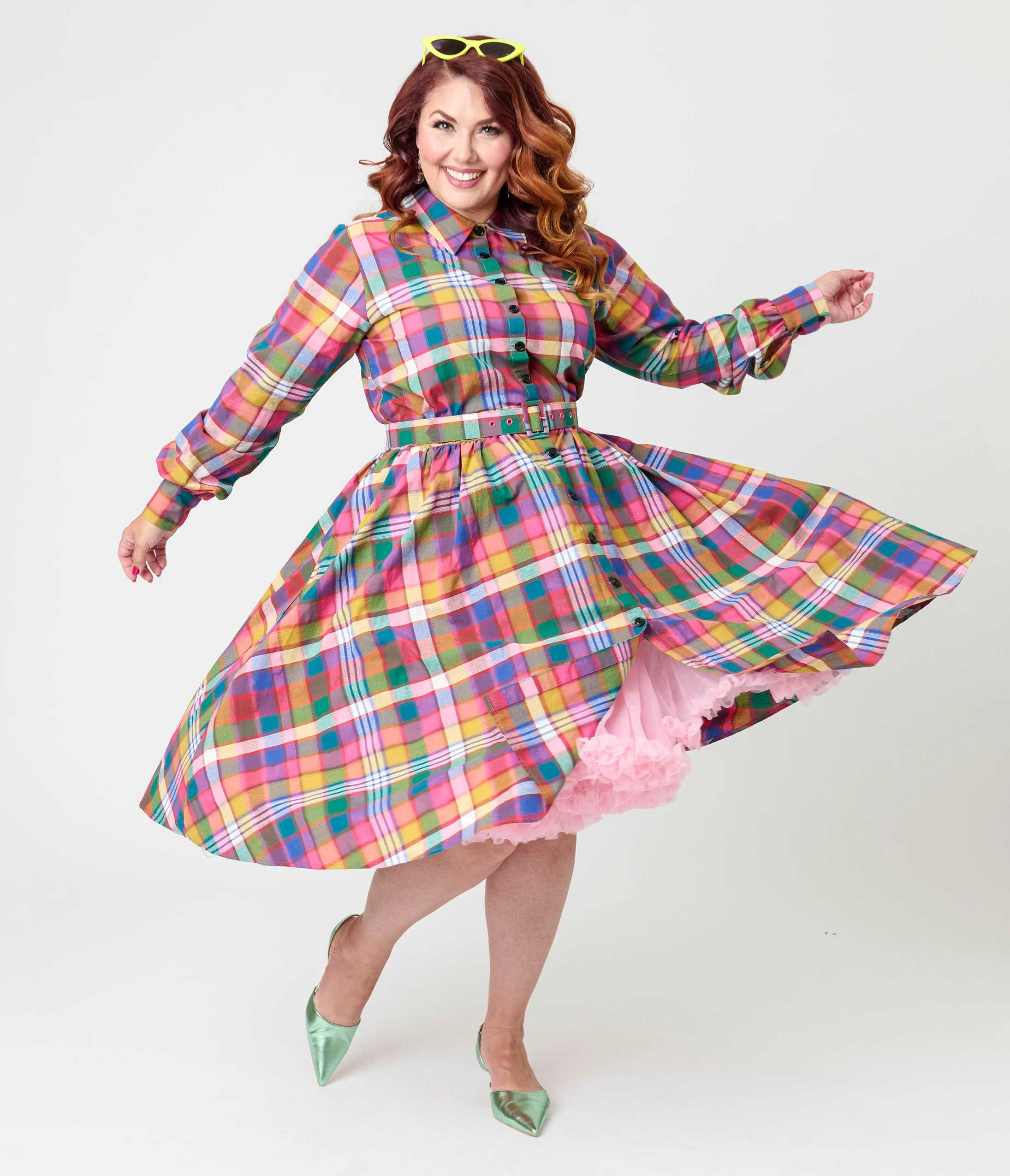Unique Vintage Plus Size Rainbow Madras Plaid Belted Cotton Shirt Dress sold by Unique Vintage product image thumbnail 3