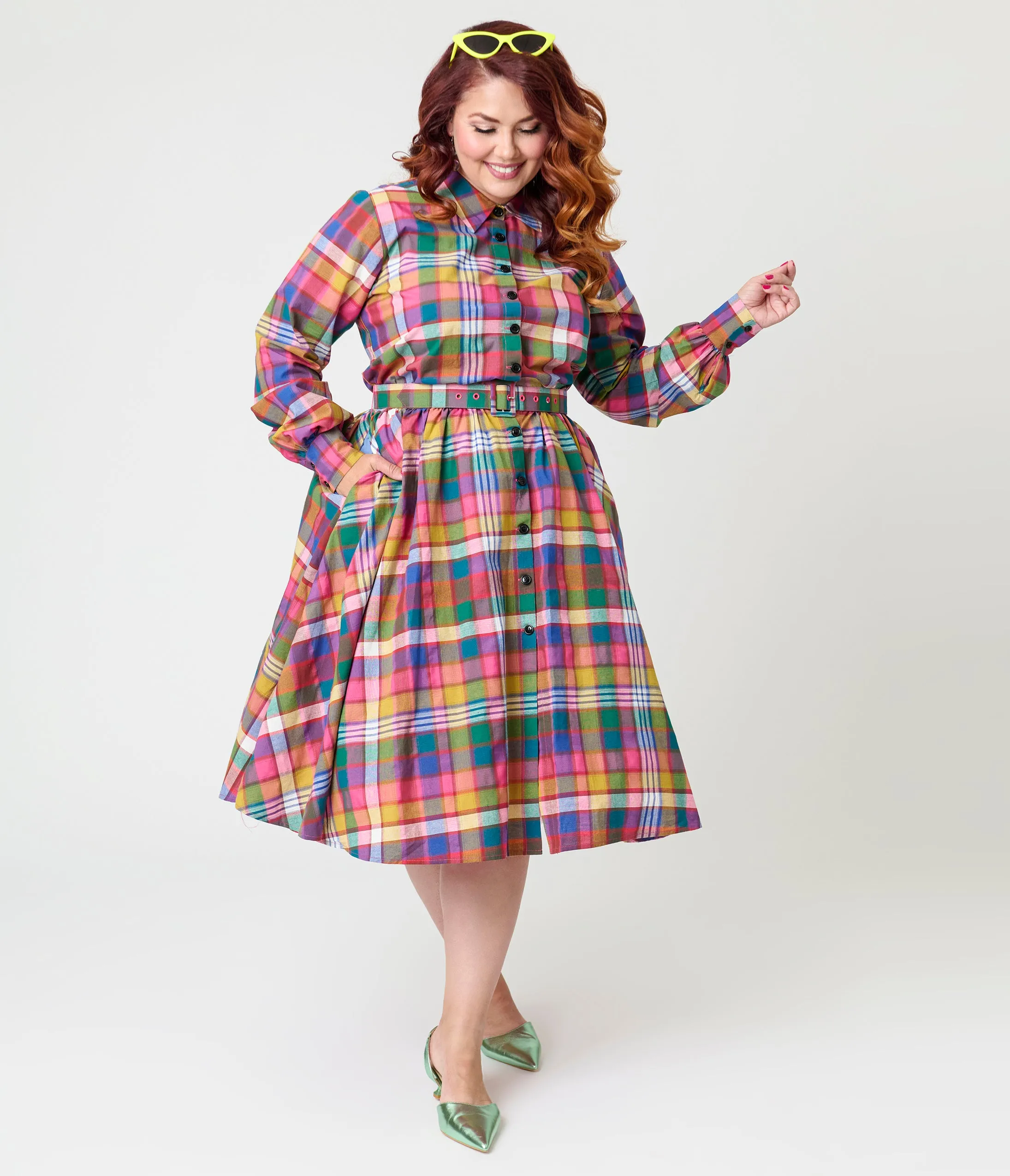 Unique Vintage Plus Size Rainbow Madras Plaid Belted Cotton Shirt Dress sold by Unique Vintage product image thumbnail 4