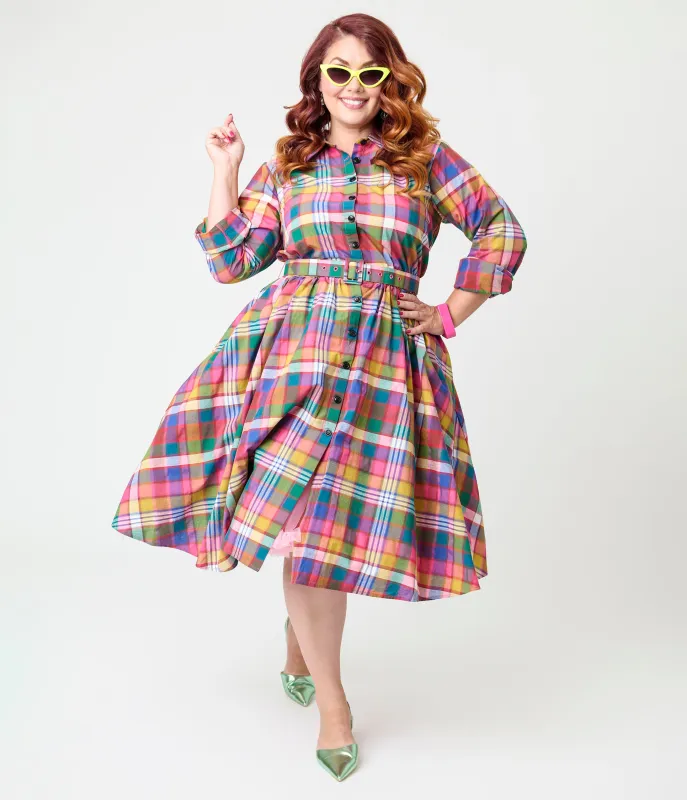 Unique Vintage Plus Size Rainbow Madras Plaid Belted Cotton Shirt Dress sold by Unique Vintage