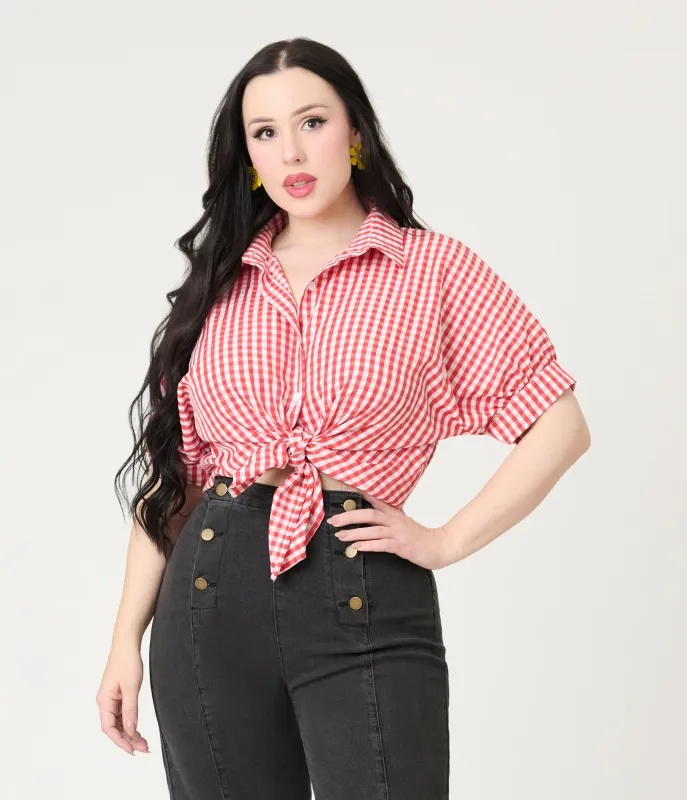 Red Plaid Button Up Blouse sold by Unique Vintage