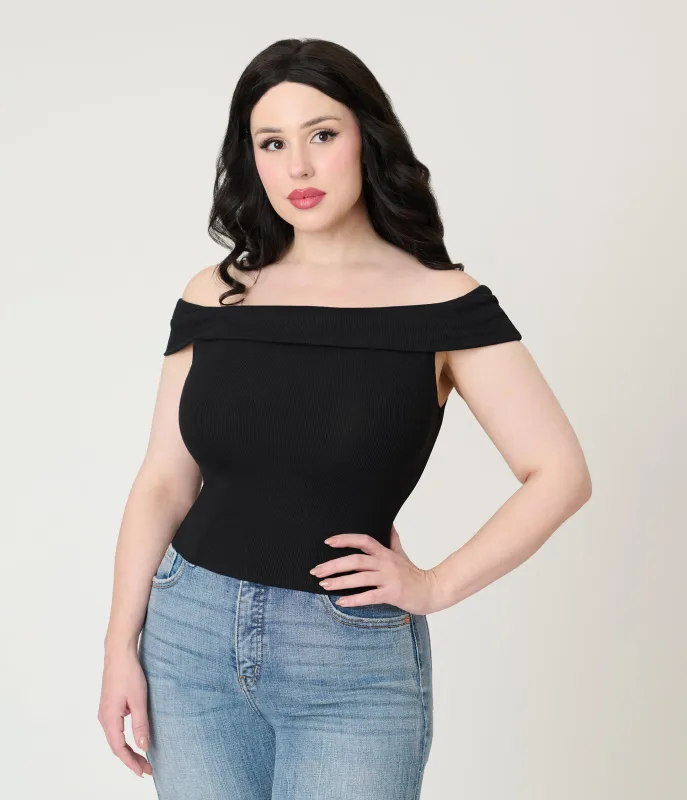 Black Ribbed Knit Off The Shoulder Top sold by Unique Vintage