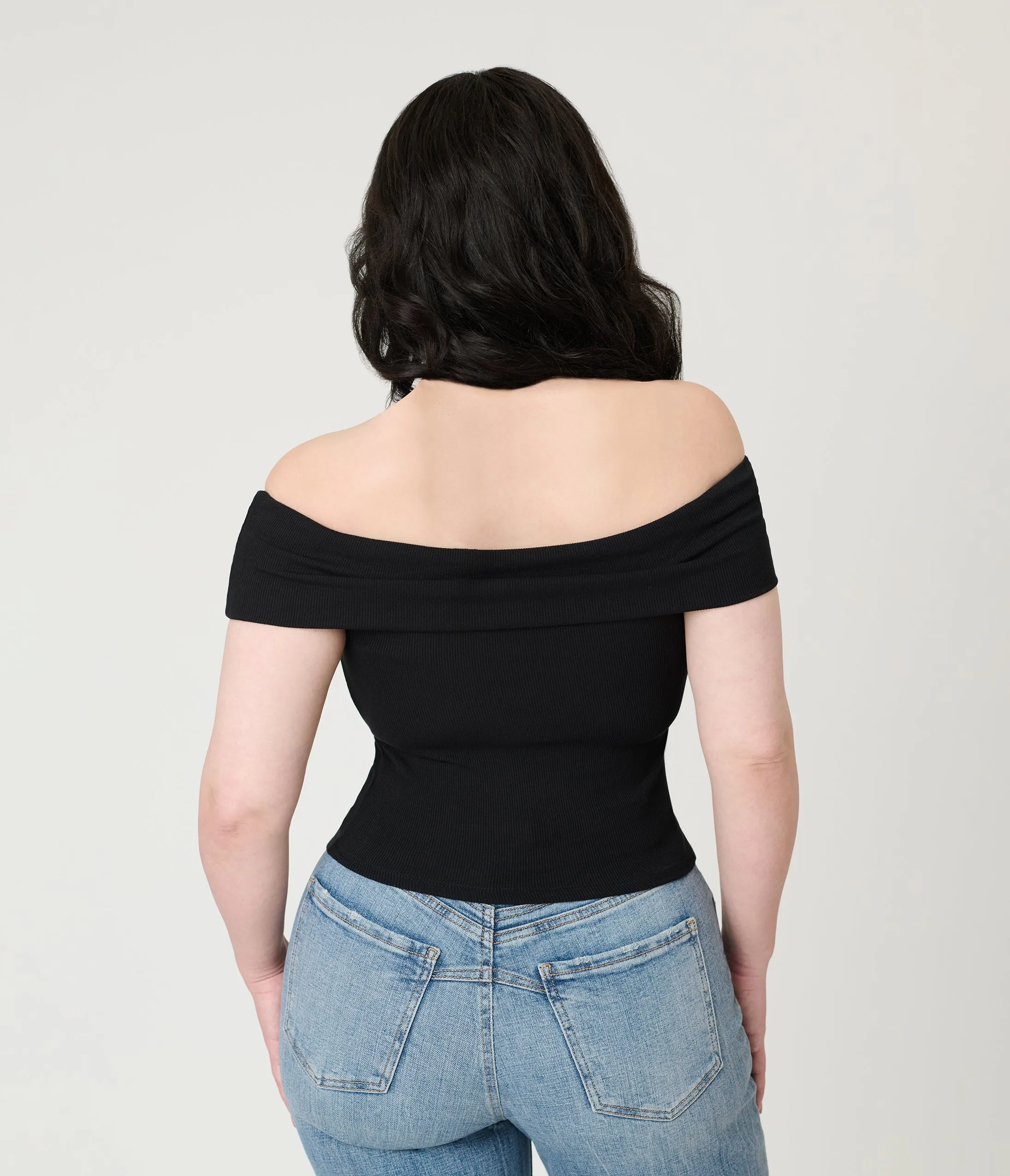 Black Ribbed Knit Off The Shoulder Top sold by Unique Vintage product image thumbnail 2