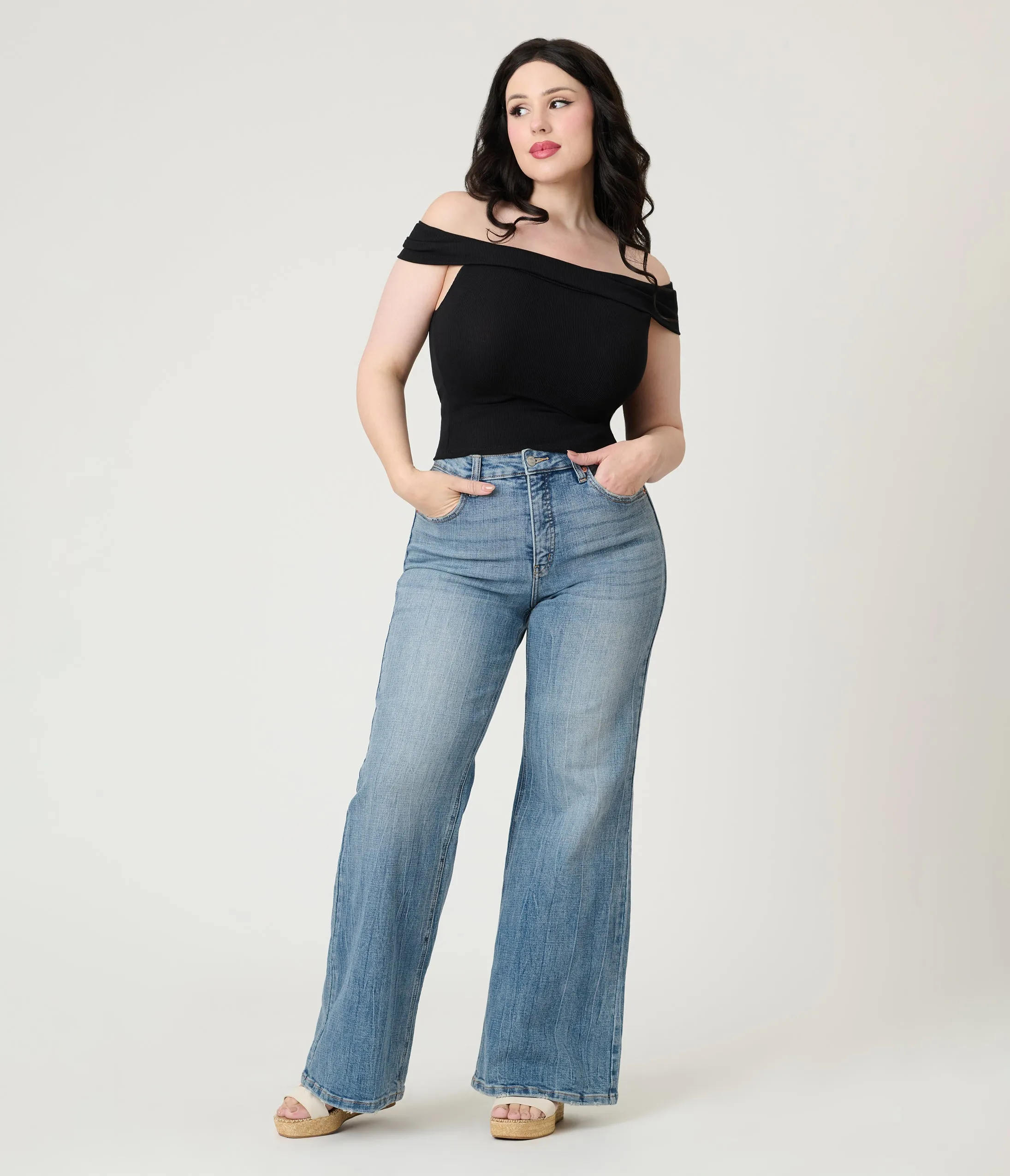 Black Ribbed Knit Off The Shoulder Top sold by Unique Vintage product image thumbnail 3