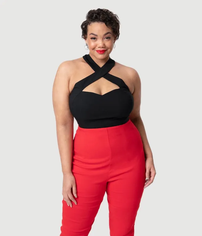 Unique Vintage Plus Size Black Stretch Rita Criss Cross Halter Top sold by Unique Vintage
