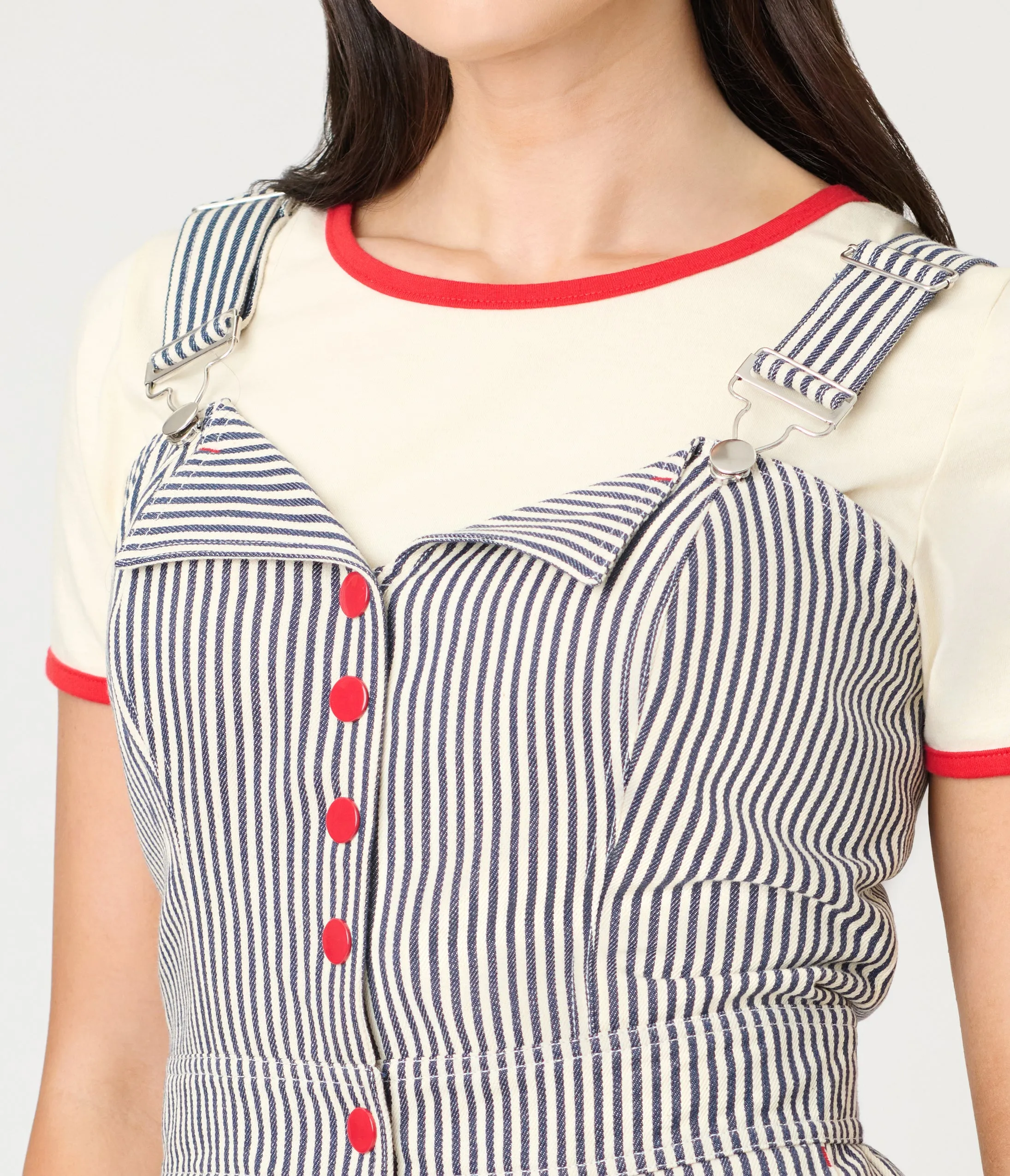 Preorder- Smak Parlour Navy Railroad Stripes Wide Leg Dungarees sold by Unique Vintage product image thumbnail 5