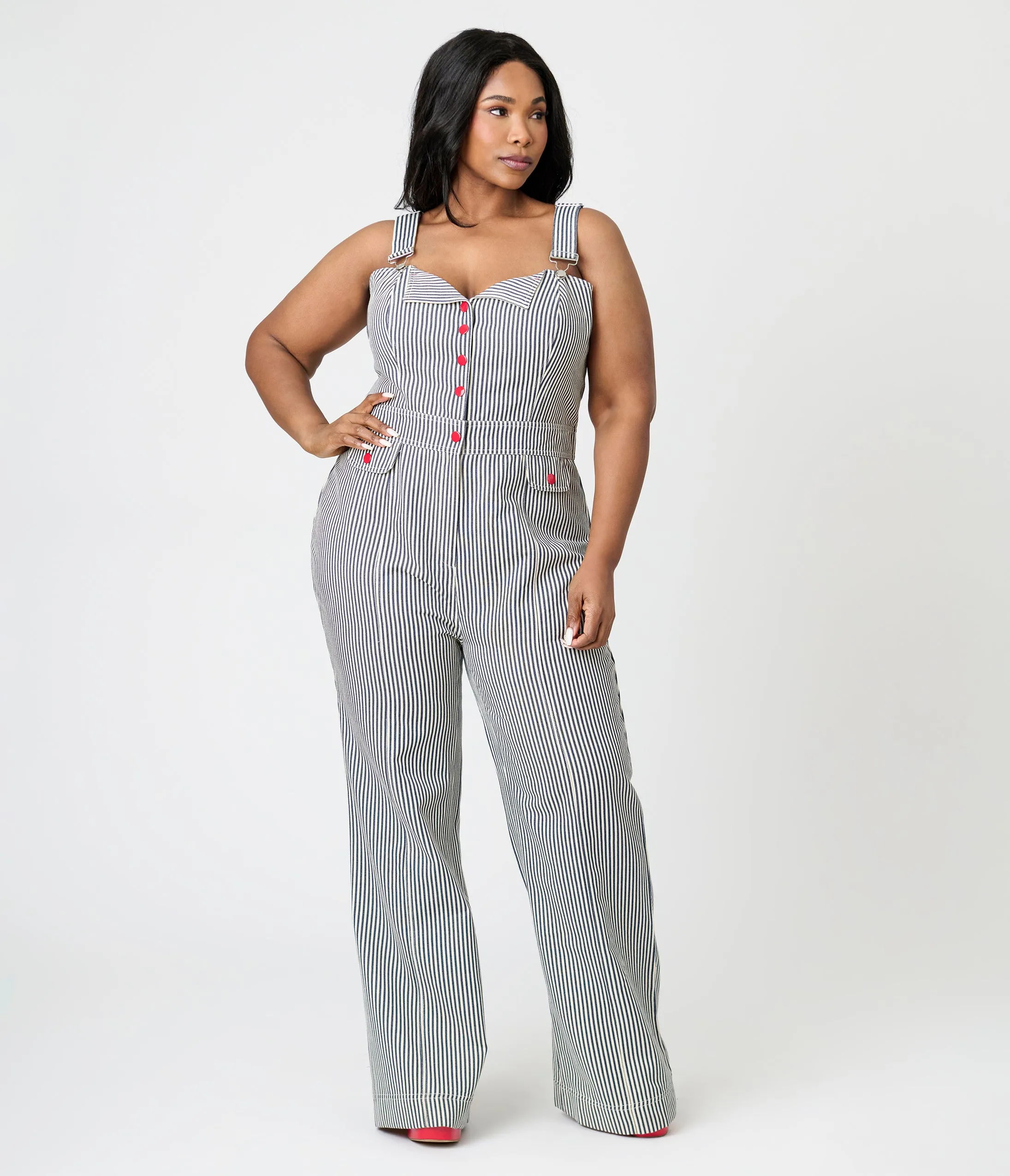 Preorder- Smak Parlour Plus Size Navy Railroad Stripes Wide Leg Dungarees sold by Unique Vintage product image thumbnail 5