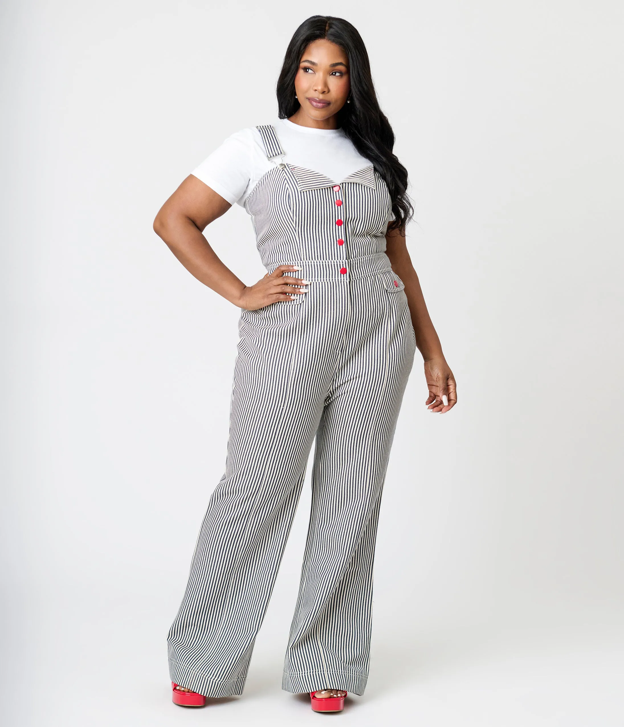 Preorder- Smak Parlour Plus Size Navy Railroad Stripes Wide Leg Dungarees sold by Unique Vintage product image thumbnail 4