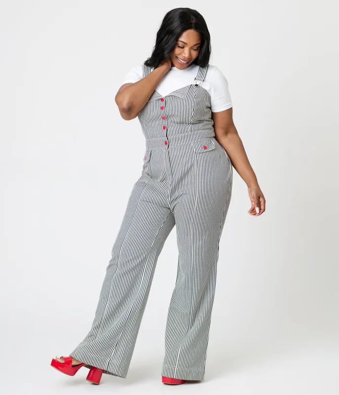 Preorder- Smak Parlour Plus Size Navy Railroad Stripes Wide Leg Dungarees sold by Unique Vintage