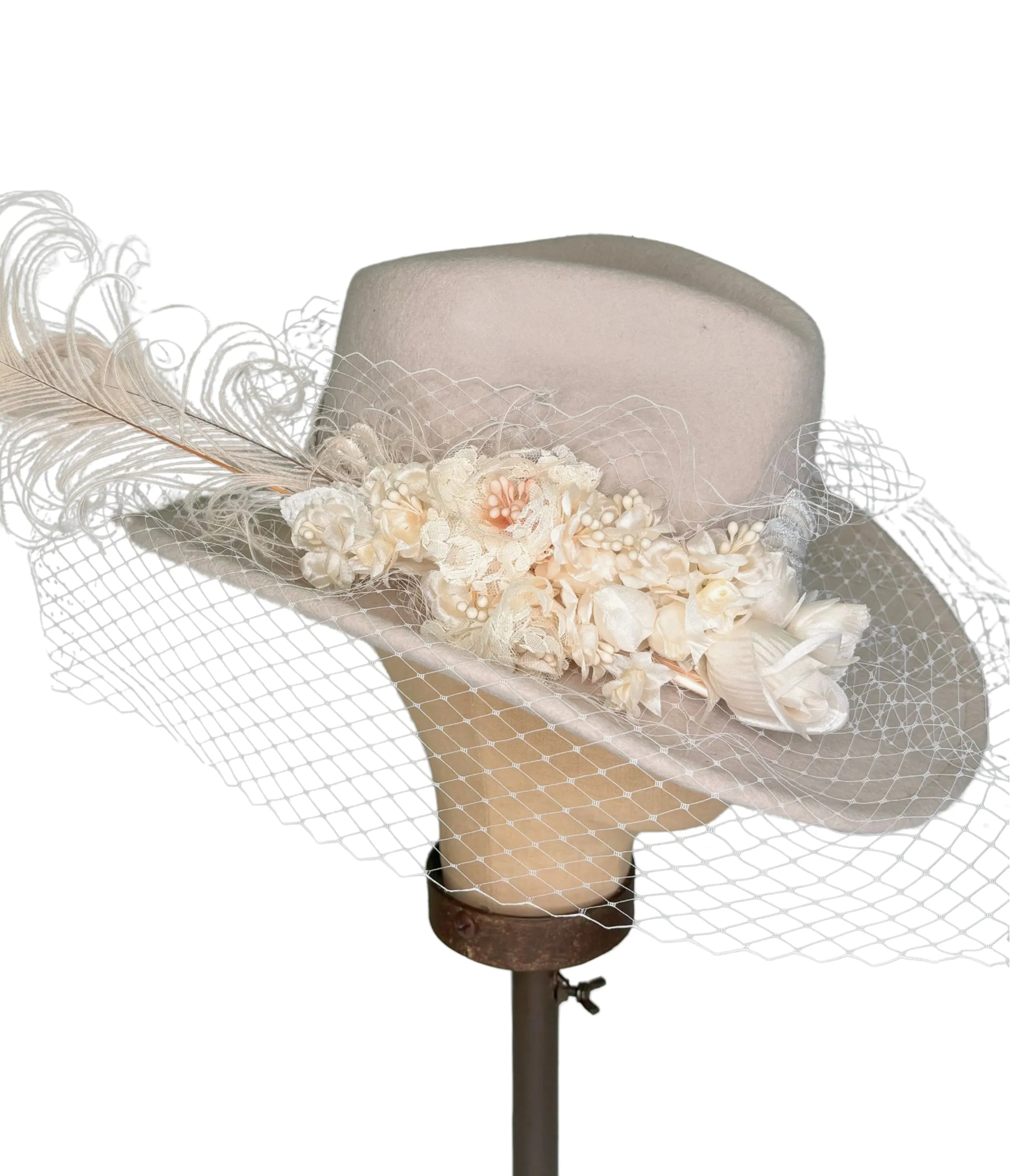 Kathy Jeanne Creme Floral Veiled Hat sold by Unique Vintage