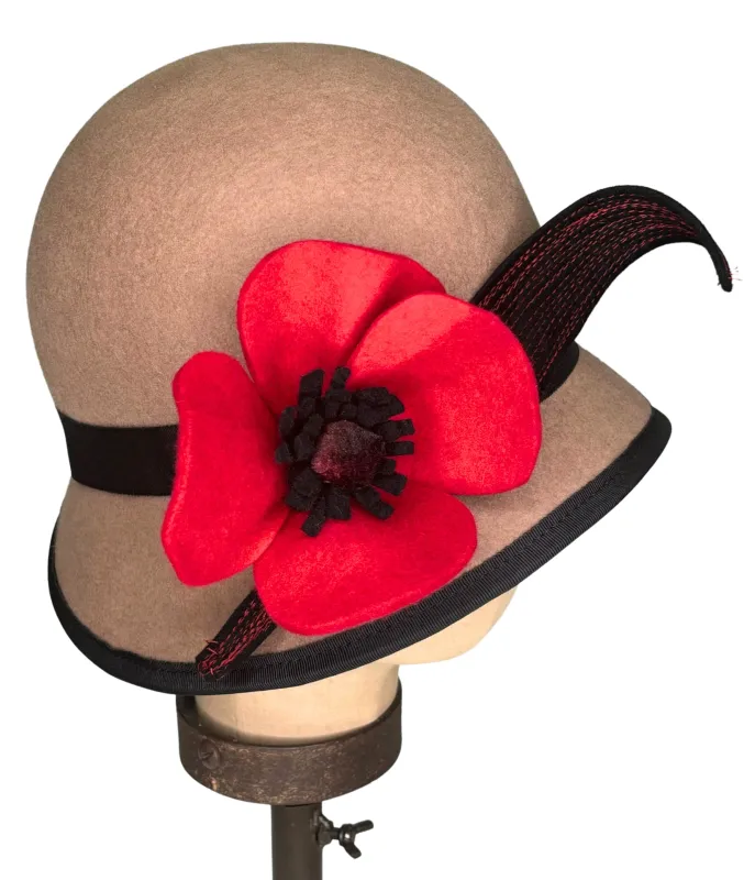Kathy Jeanne Taupe & Red Flower Wool Cloche Hat sold by Unique Vintage
