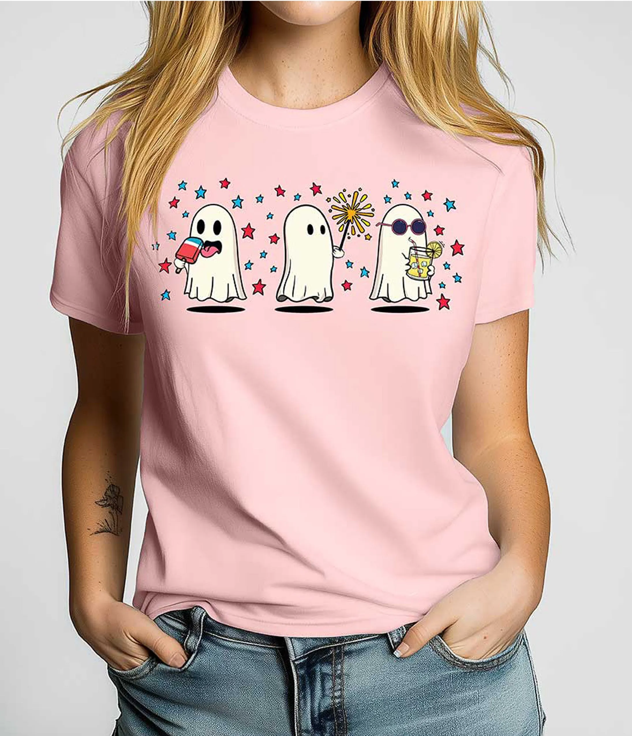 Pink Spooky Summer Ghosts Unisex Graphic Tee sold by Unique Vintage