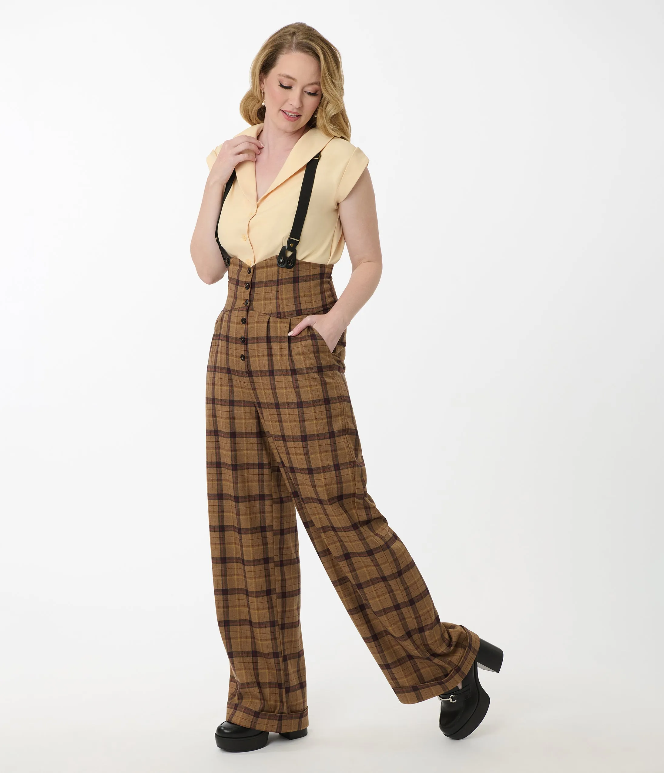 Unique Vintage Brown Plaid Thelma Suspender Pants sold by Unique Vintage product image thumbnail 5