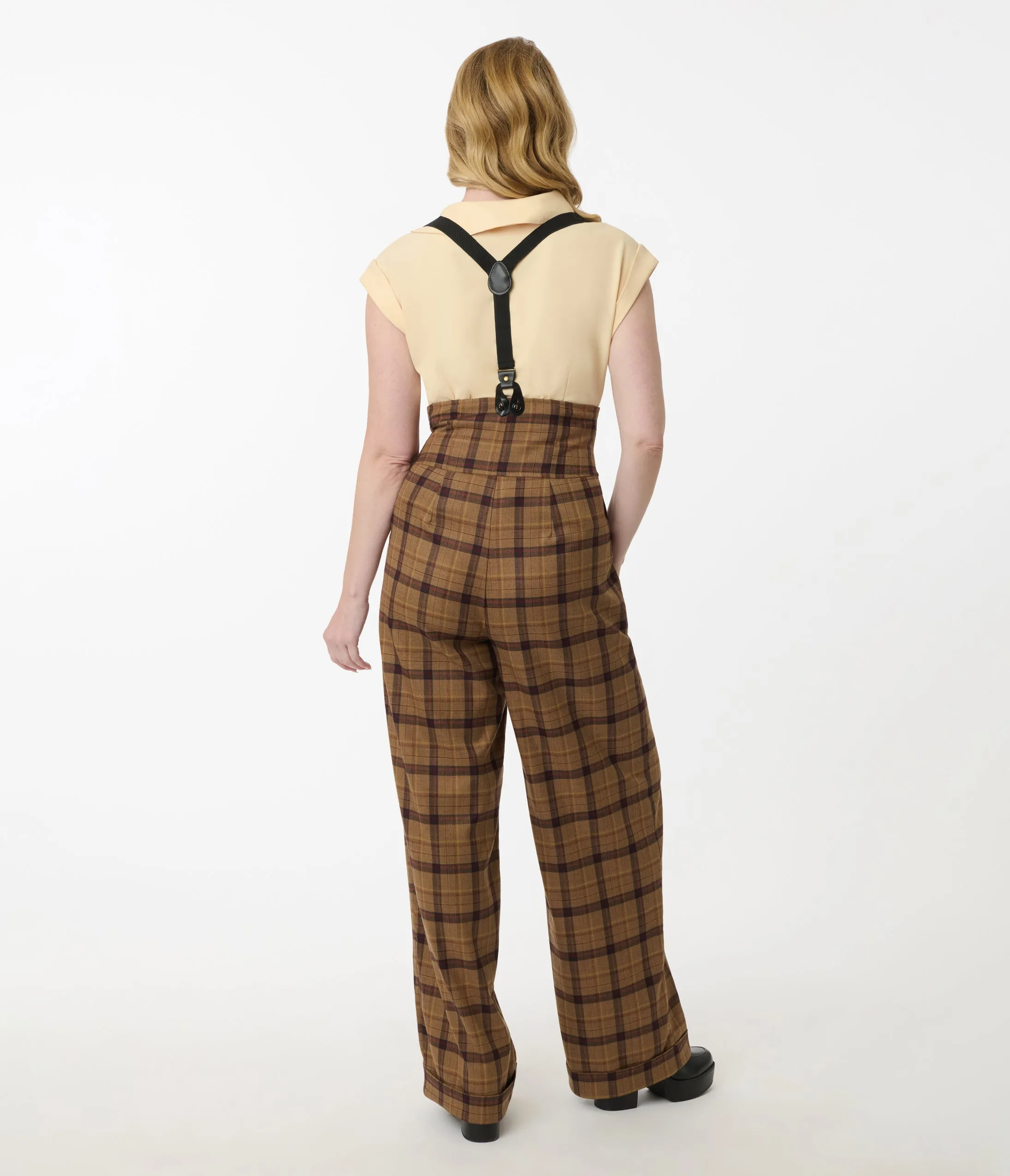 Unique Vintage Brown Plaid Thelma Suspender Pants sold by Unique Vintage product image thumbnail 3