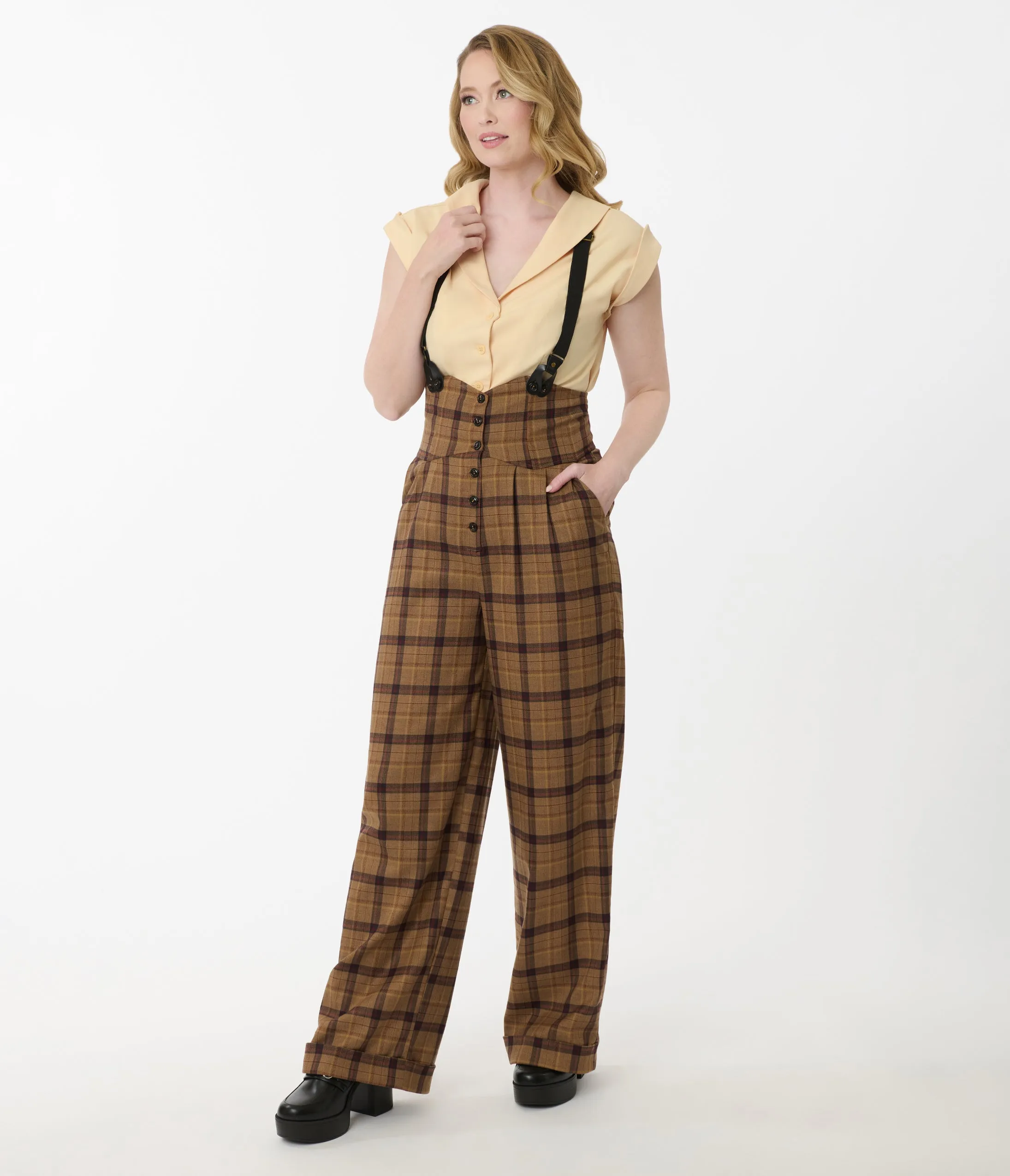 Unique Vintage Brown Plaid Thelma Suspender Pants sold by Unique Vintage