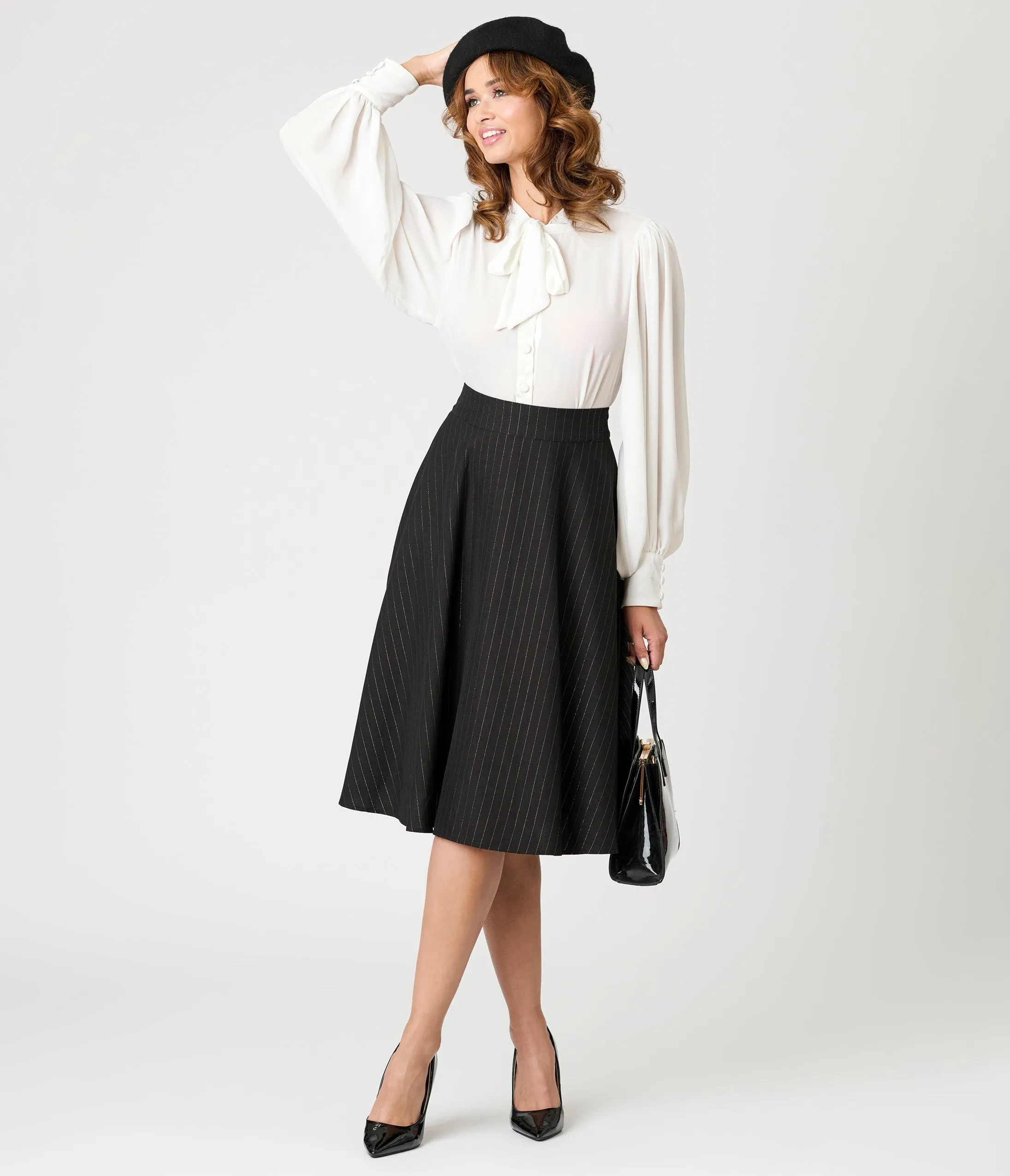 Unique Vintage Black & Gold Stripe Vivian Swing Skirt sold by Unique Vintage