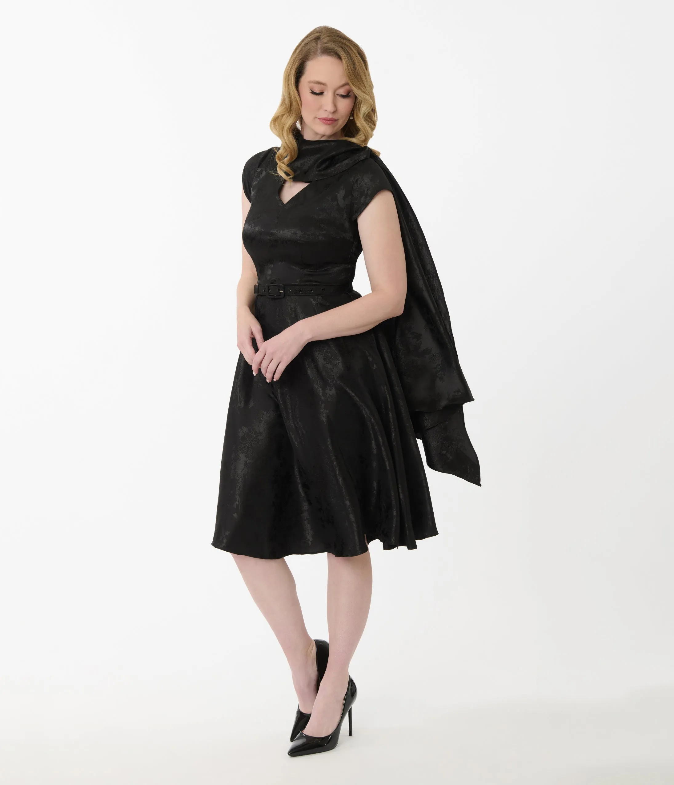 Unique Vintage Black Jacquard Sash Swing Dress sold by Unique Vintage