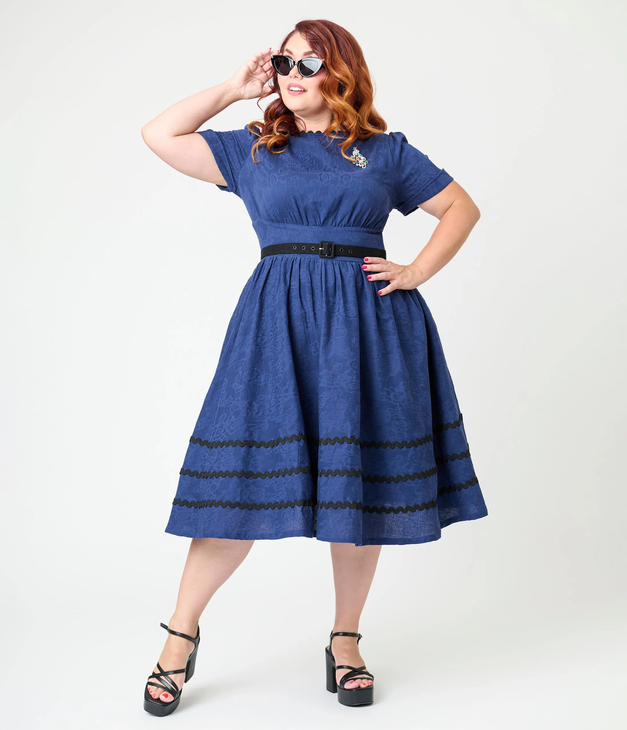 Unique Vintage Plus Size Navy & Black Peacock Cotton Swing Dress sold by Unique Vintage product image thumbnail 3